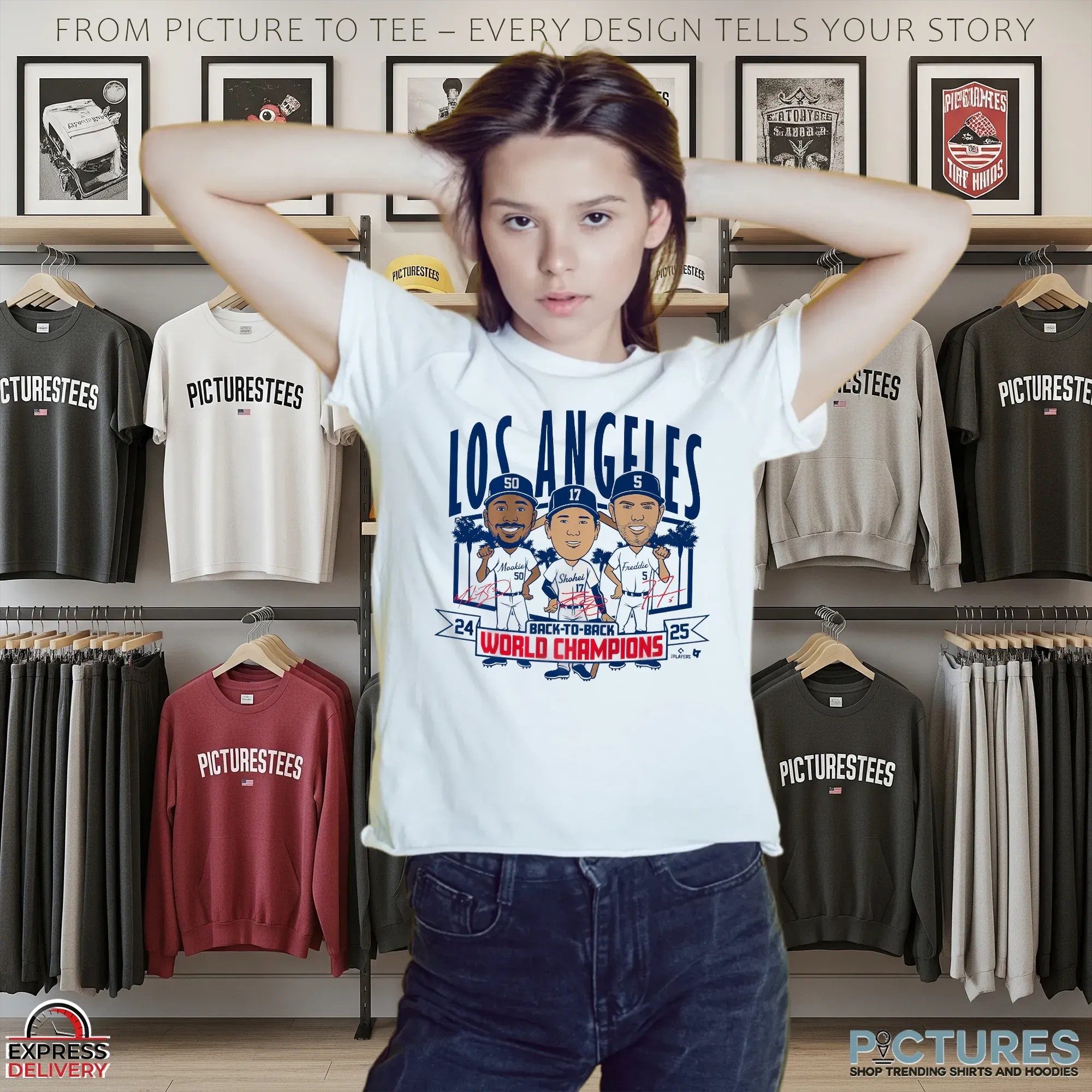 Los Angeles Baseball Back-to-Back World Champs Caricatures Signatures T Shirt