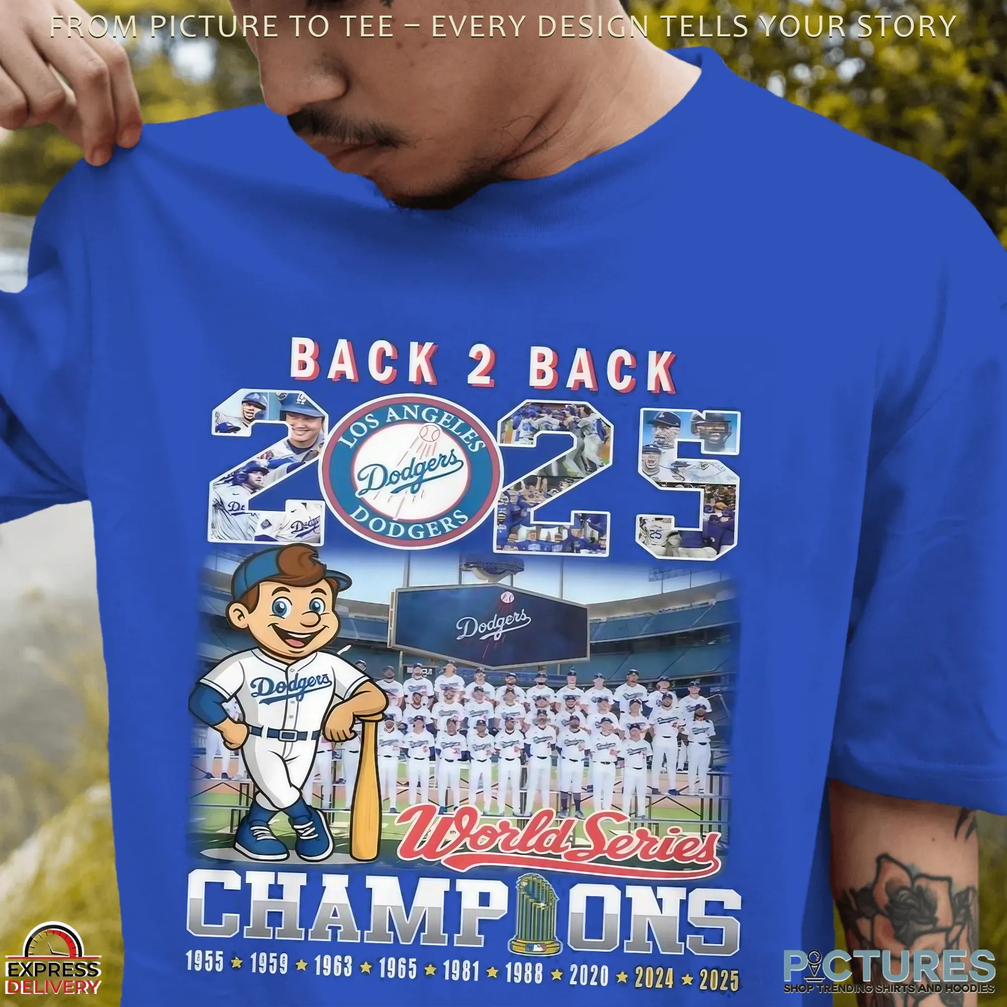 Los Angeles Dodgers 1955 - 2025 World Series Back 2 Back Champions Mascot T Shirt