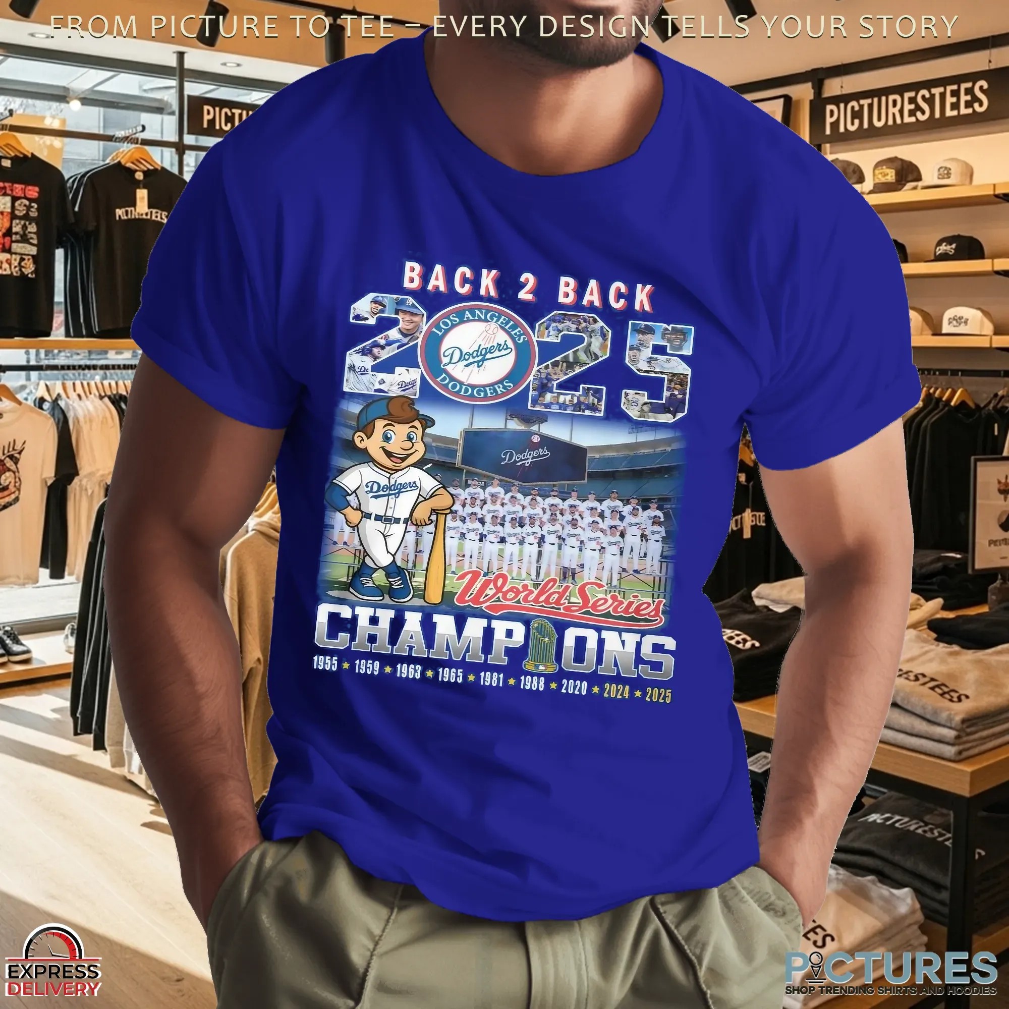 Los Angeles Dodgers 1955 - 2025 World Series Back 2 Back Champions Mascot T Shirt