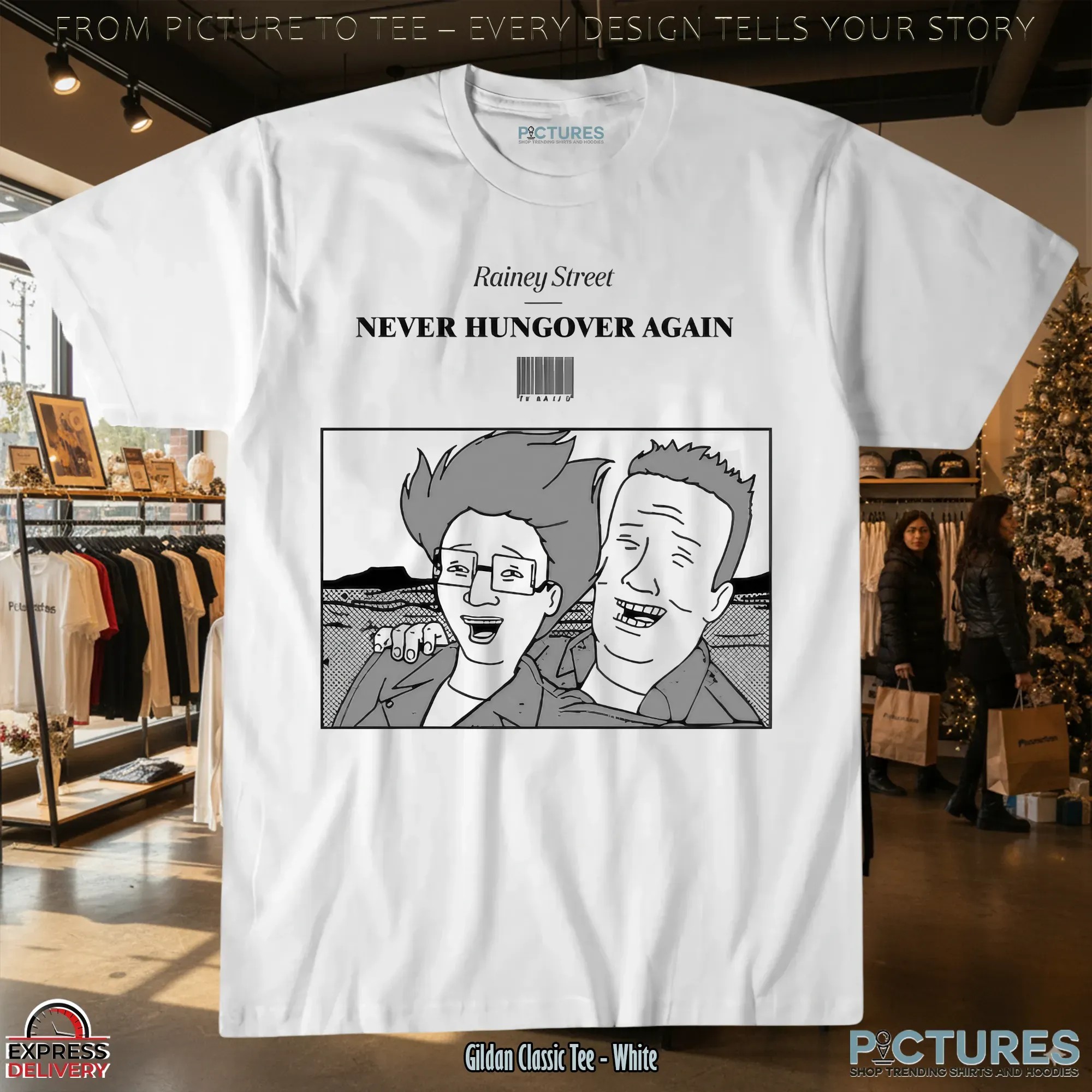 Never Hungover Again Rainey Street Cartoon Barcode T Shirt
