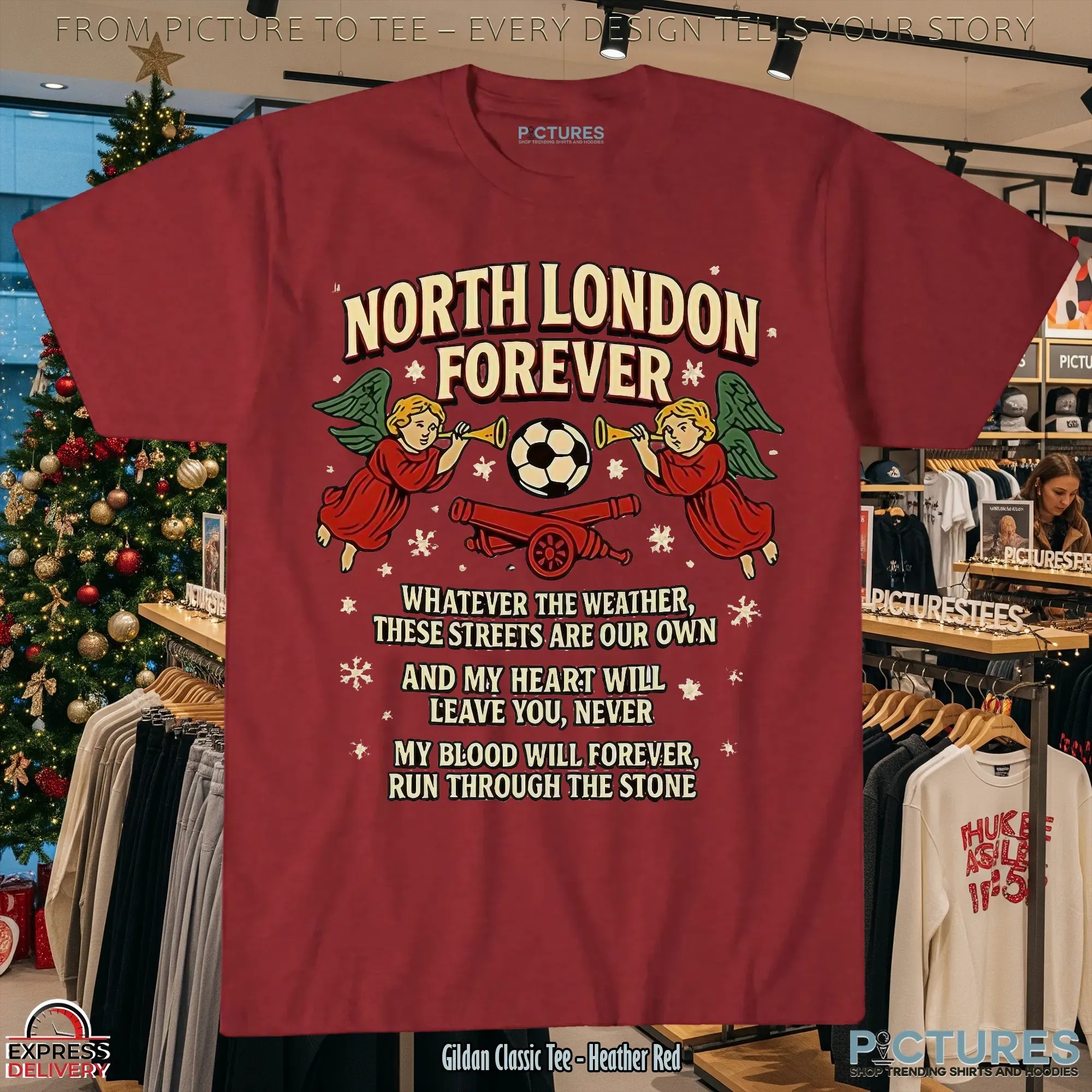 North London Forever Arsenal Slogan Cannon And Angel Christmas T Shirt North London Forever Arsenal Slogan Cannon And Angel Christmas T Shirt