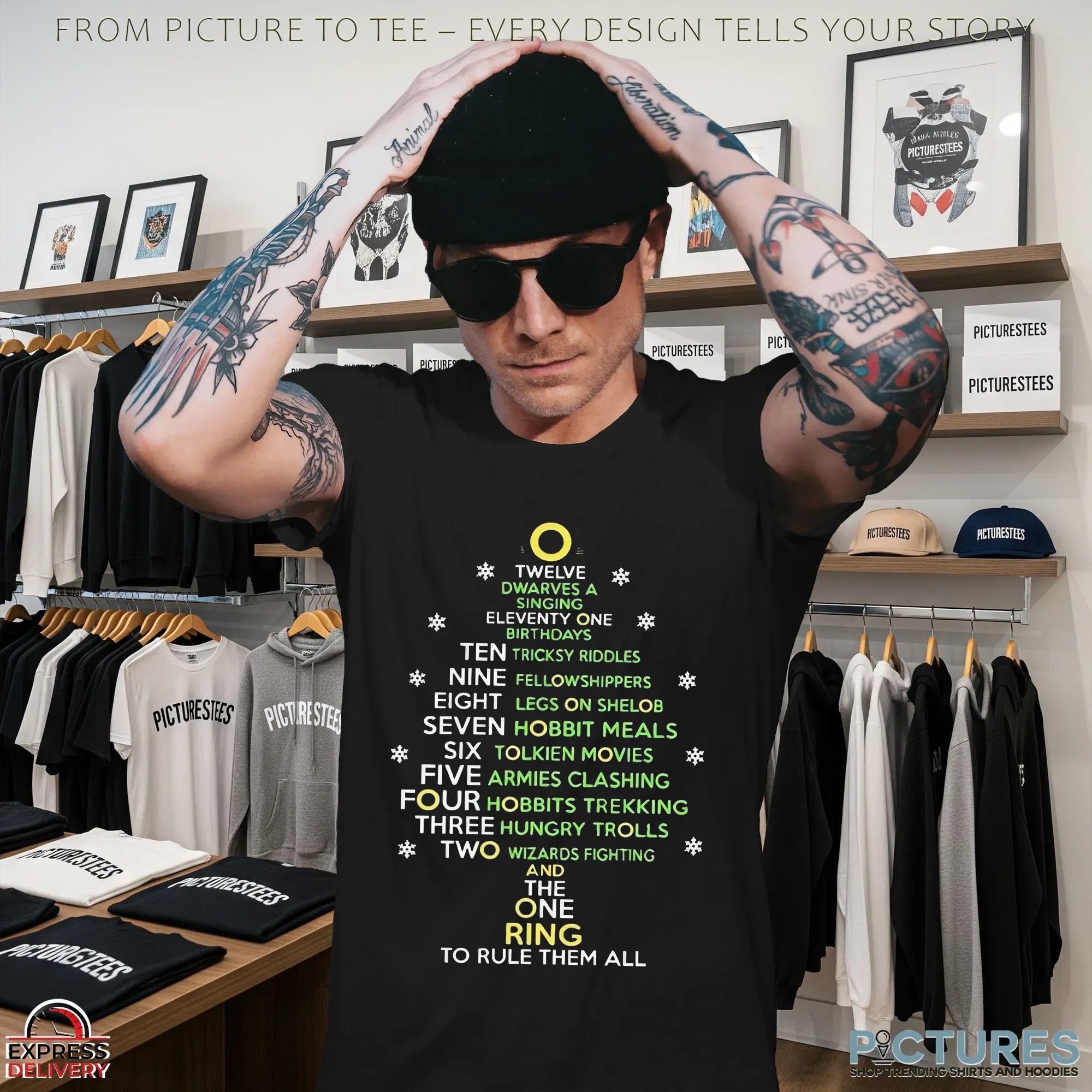 One Ring To Rule Them All Twelve Dwarves A Singing Eleventy One Birthdays Ten Tricksy Riddles Carol List Christmas T Shirt