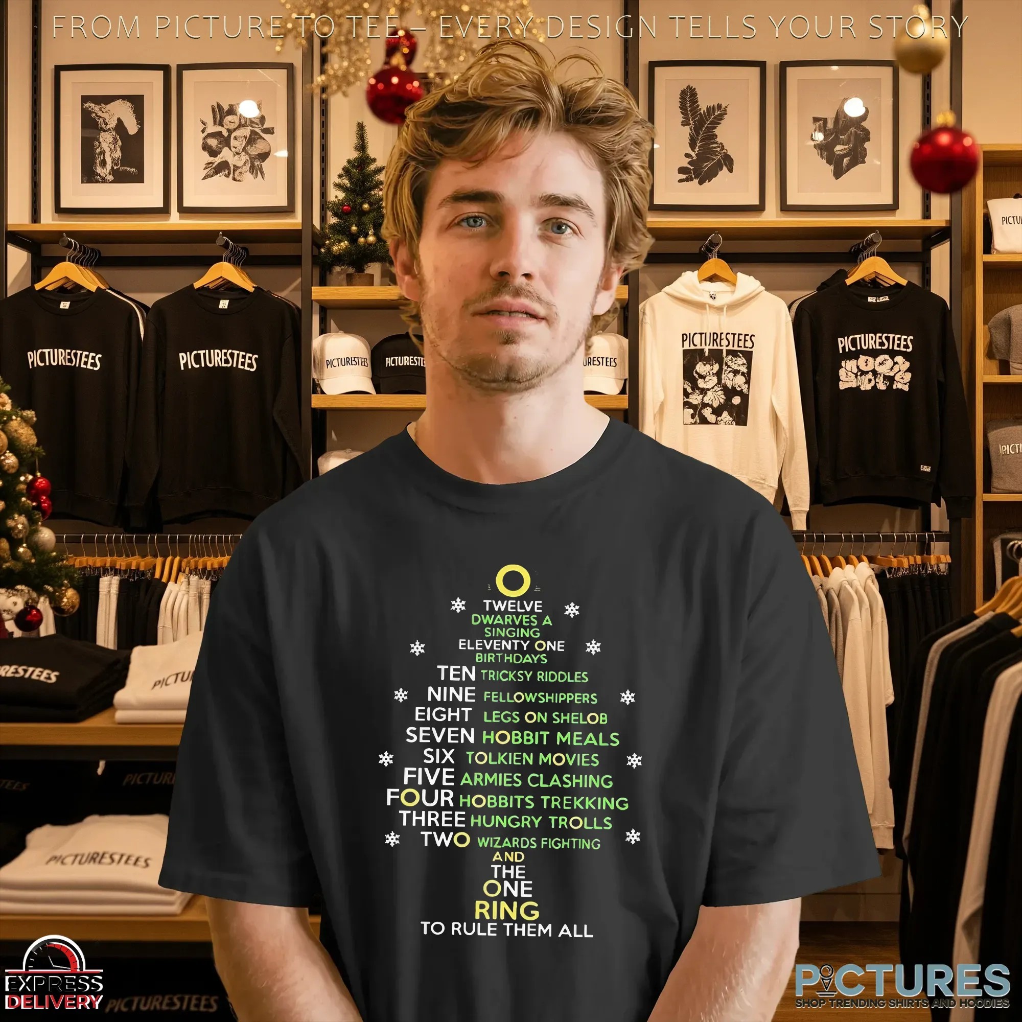 One Ring To Rule Them All Twelve Dwarves A Singing Eleventy One Birthdays Ten Tricksy Riddles Carol List Christmas T Shirt