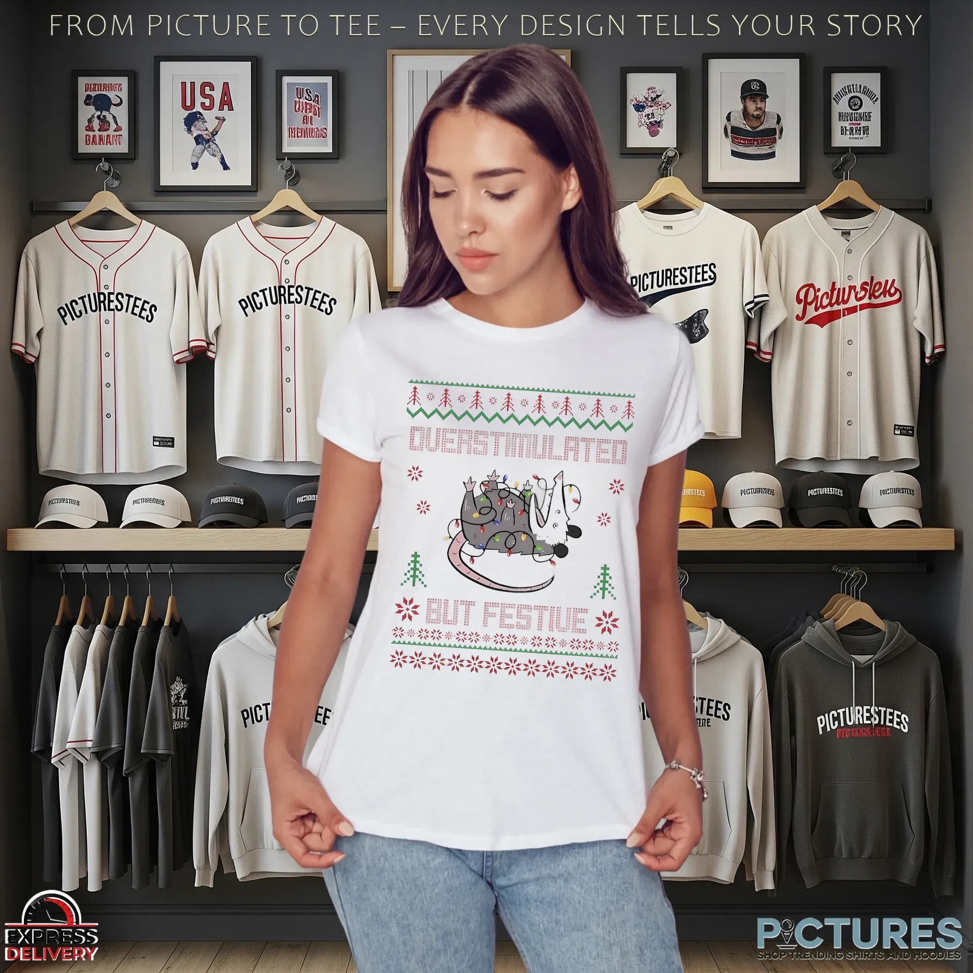 Overstimulated But Festive Opossum Christmas Ugly T Shirt
