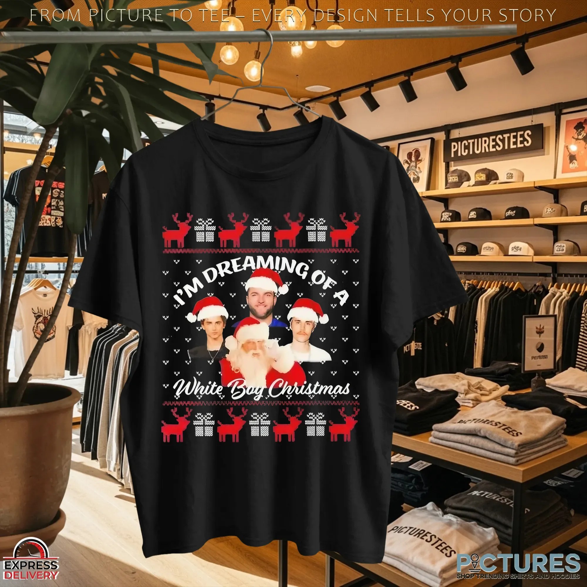 Skattebo Chalamet Bieber Santa I'm Dreaming Of A White Boy Christmas Ugly T Shirt