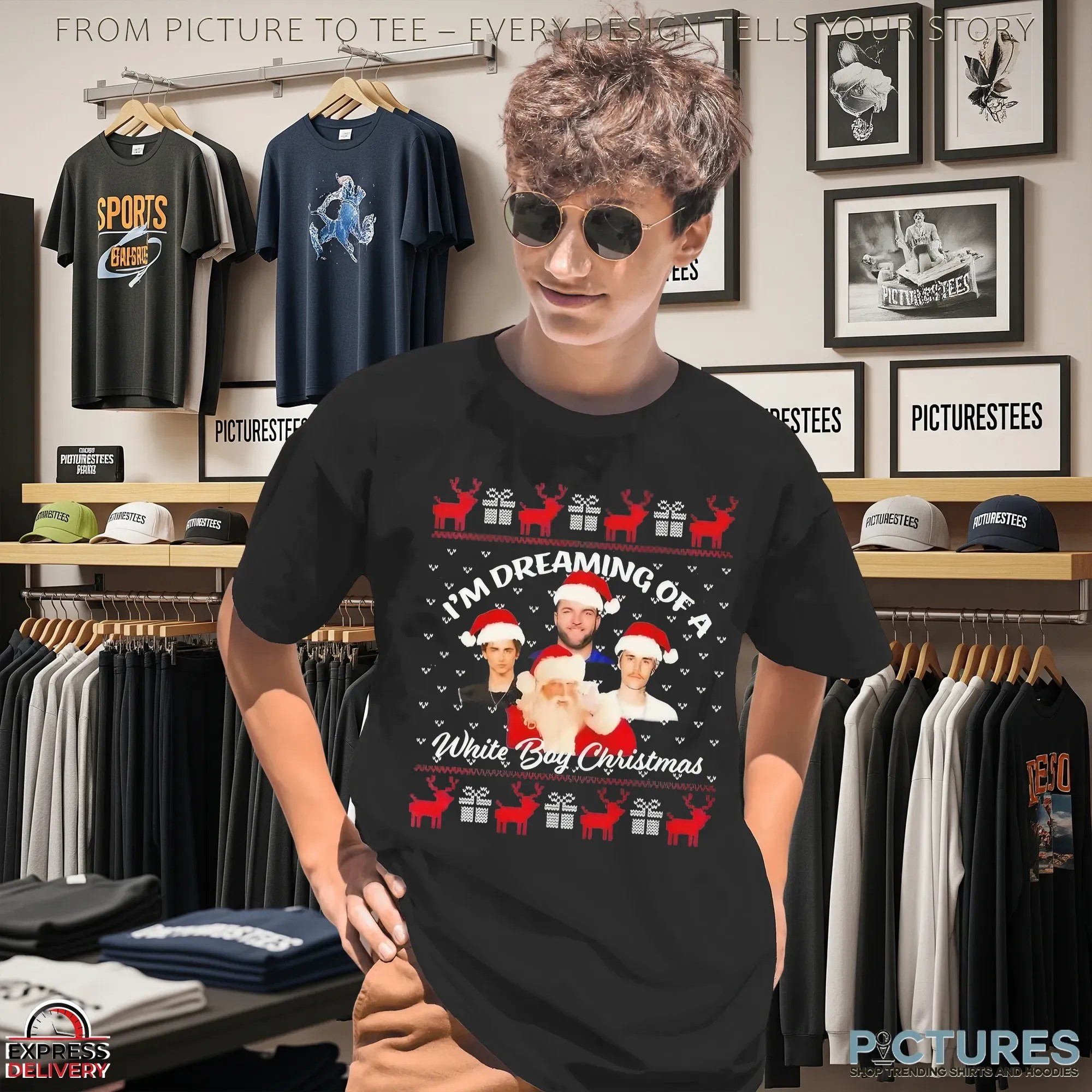 Skattebo Chalamet Bieber Santa I'm Dreaming Of A White Boy Christmas Ugly T Shirt
