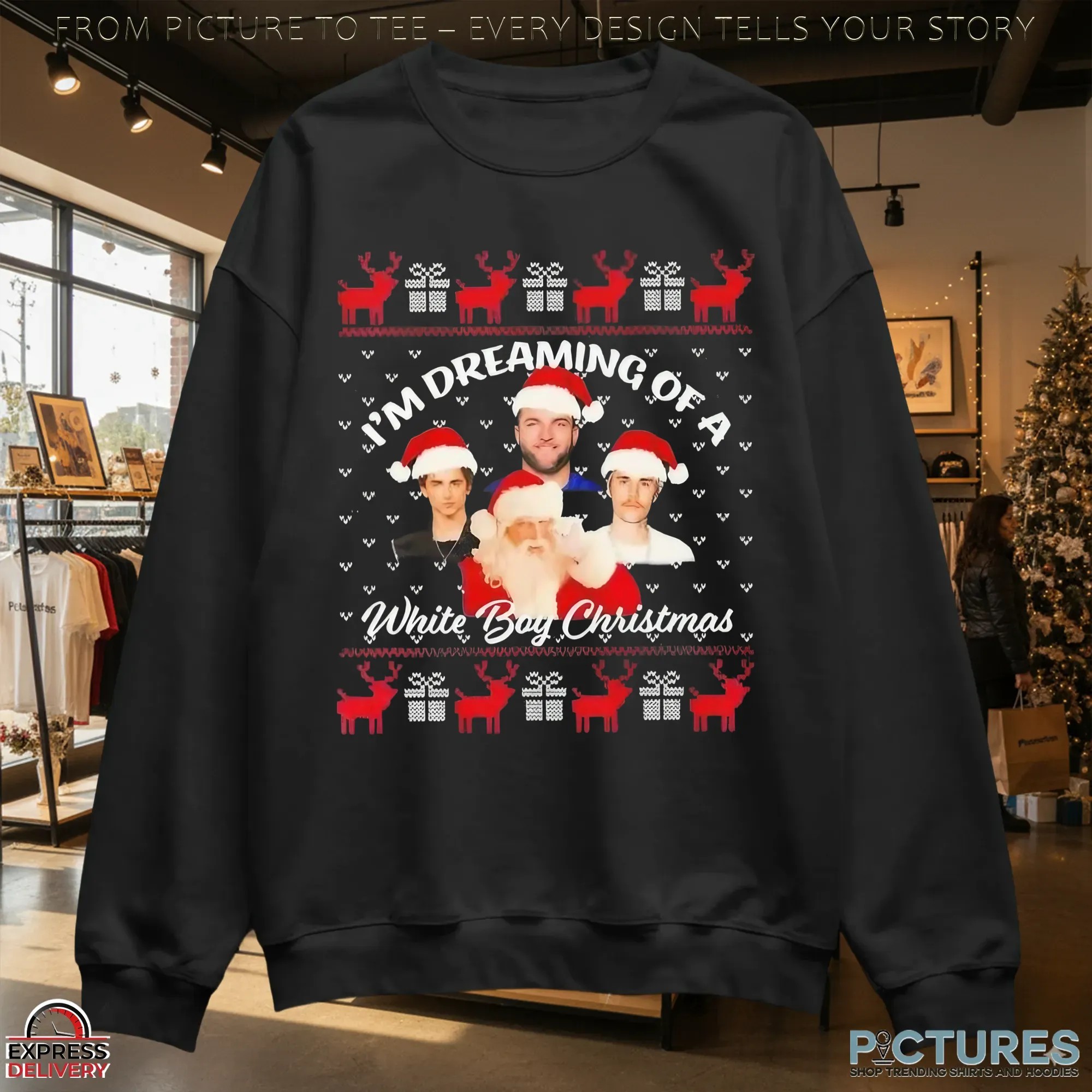 Skattebo Chalamet Bieber Santa I'm Dreaming Of A White Boy Christmas Ugly T Shirt