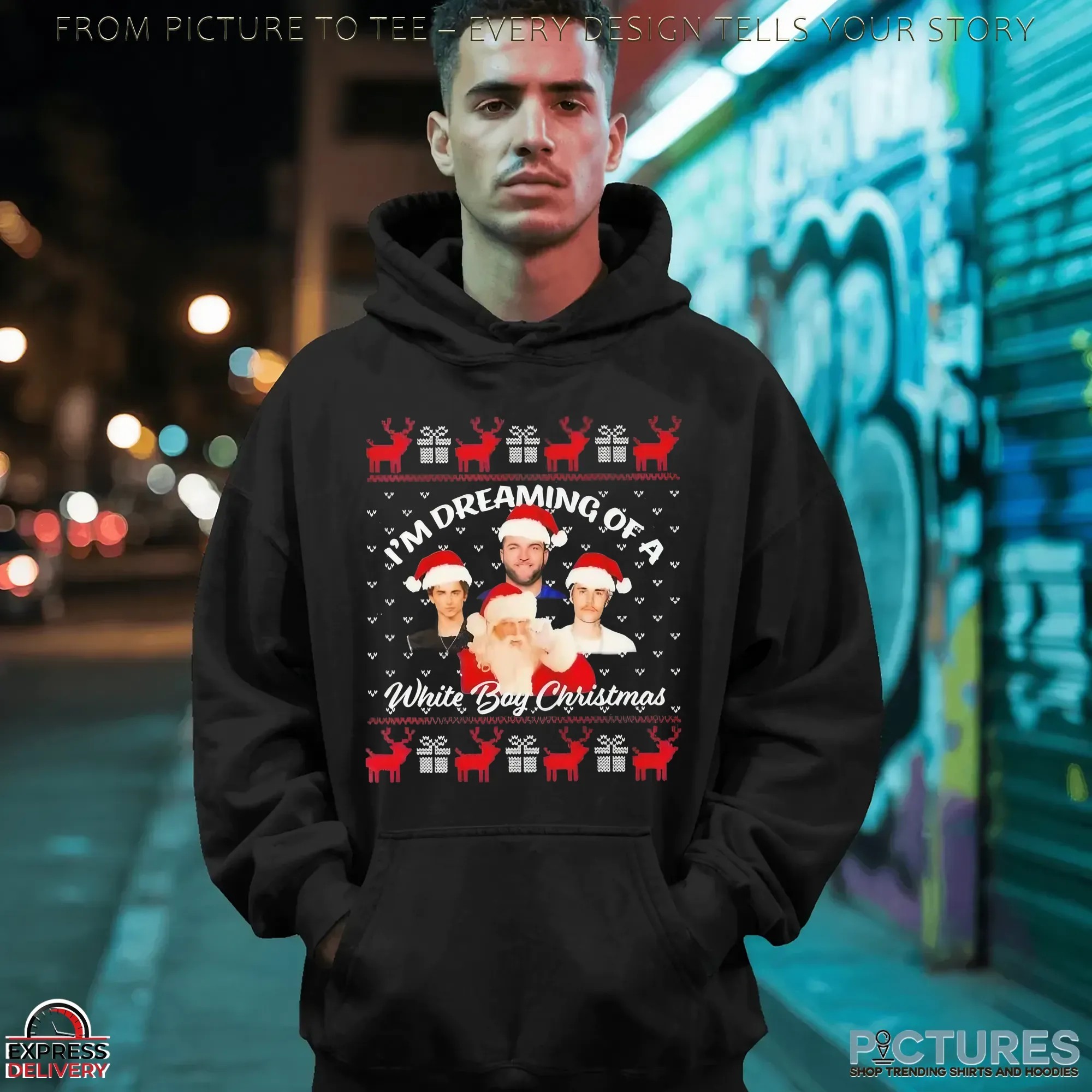 Skattebo Chalamet Bieber Santa I'm Dreaming Of A White Boy Christmas Ugly T Shirt