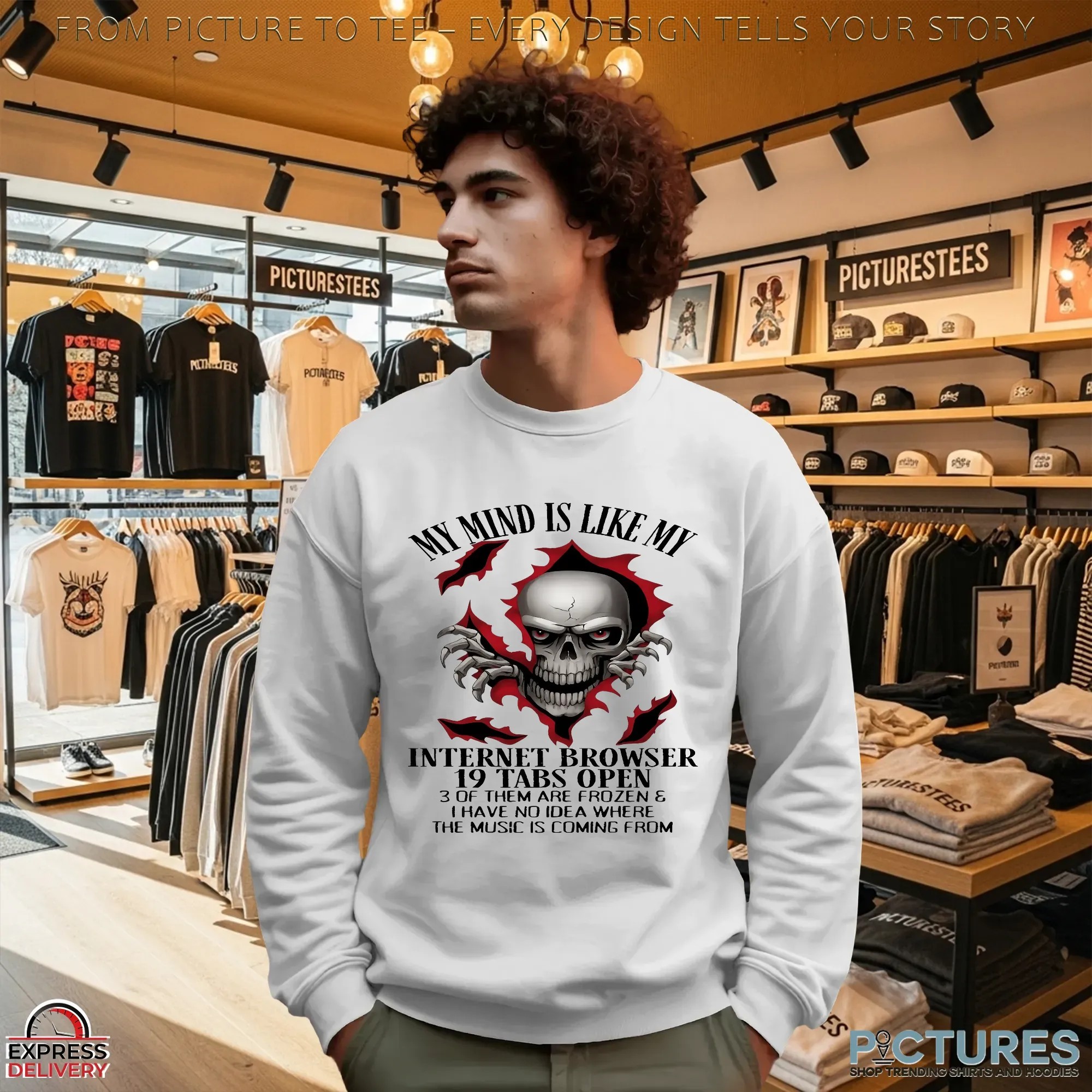 Skull My Mind Is Like My Internet Browser 19 Tabs Open 3 Of Them Are Frozen and I Have No Idea Where The Music Is Coming From T Shirt