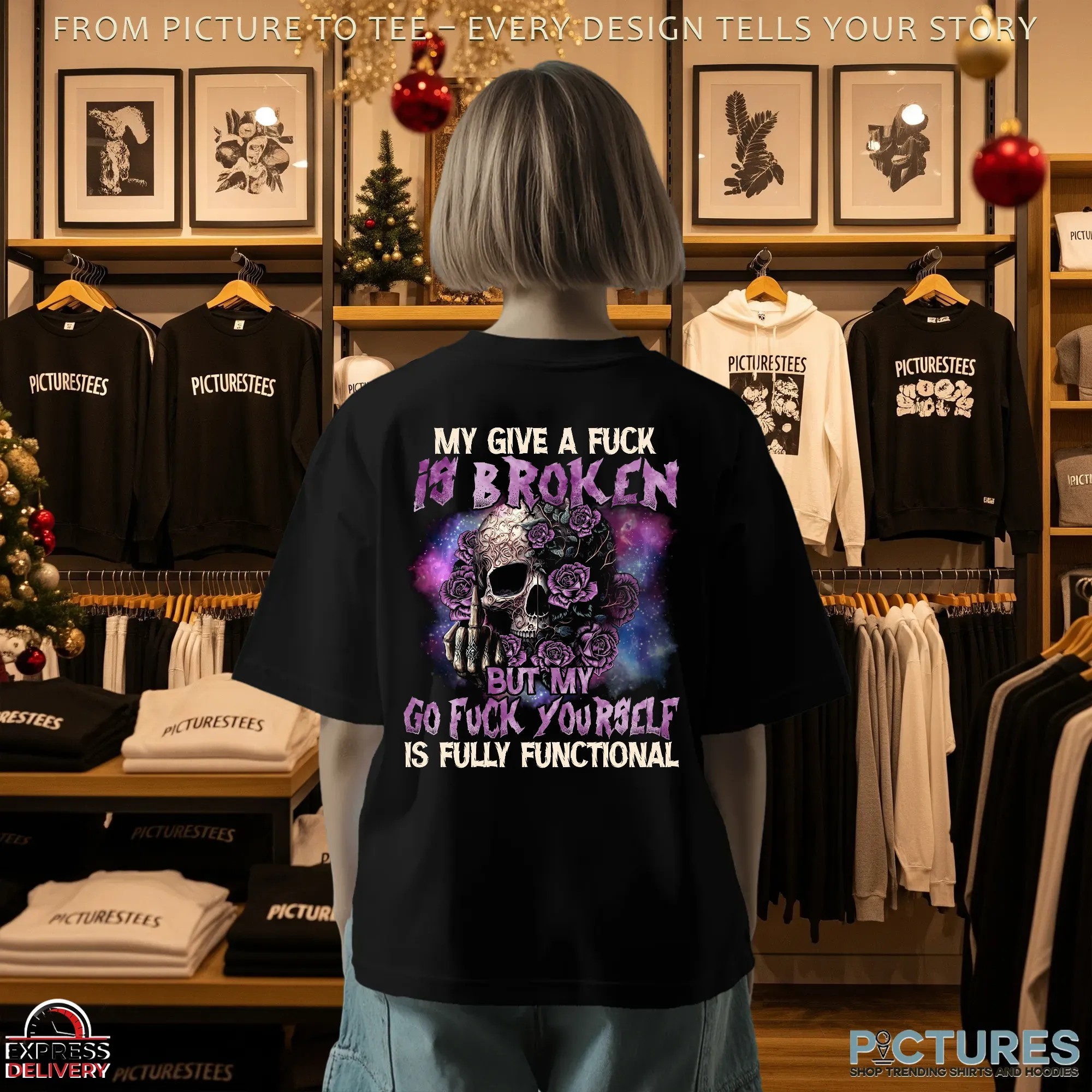 Skull Purple Roses My Give A Fuck Is Broken But My Go Fuck Yourself Is Fully Functional T Shirt