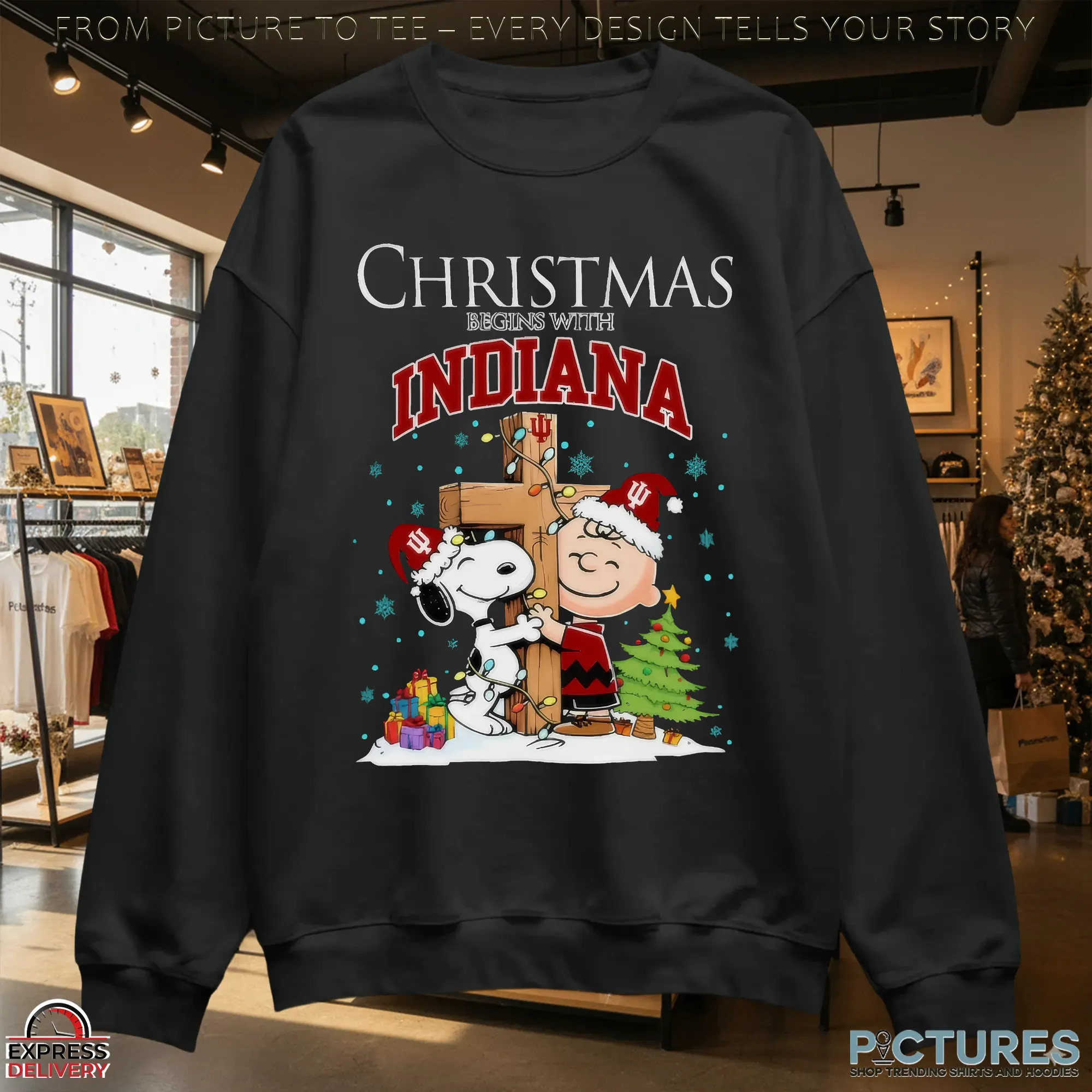 Snoopy and Charlie Brown Hugging Cross Christmas Begins With Indiana Hoosiers Football Holiday T Shirt_3 Snoopy and Charlie Brown Hugging Cross Christmas Begins With Indiana Hoosiers Football Holiday T Shirt 1 Picturestees Customized Gifts