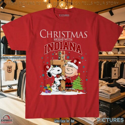 Snoopy and Charlie Brown Hugging Cross Christmas Begins With Indiana Hoosiers Football Holiday T Shirt