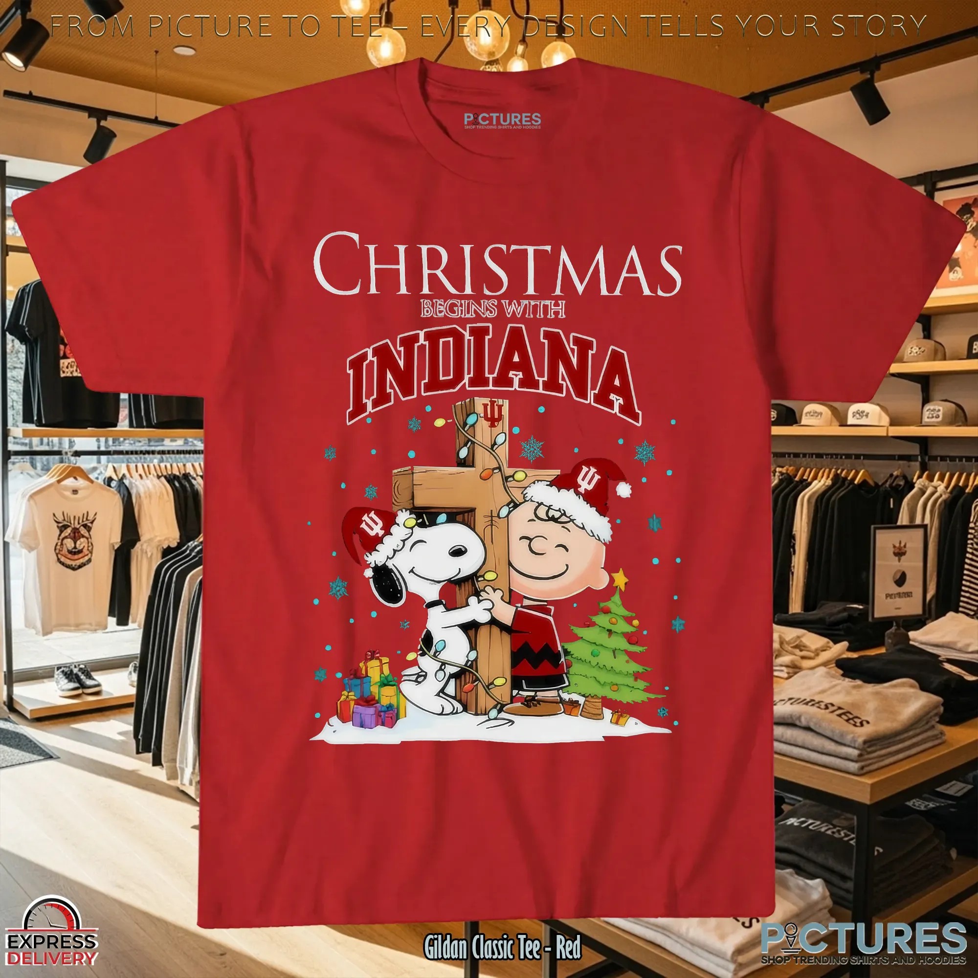 Snoopy and Charlie Brown Hugging Cross Christmas Begins With Indiana Hoosiers Football Holiday T Shirt