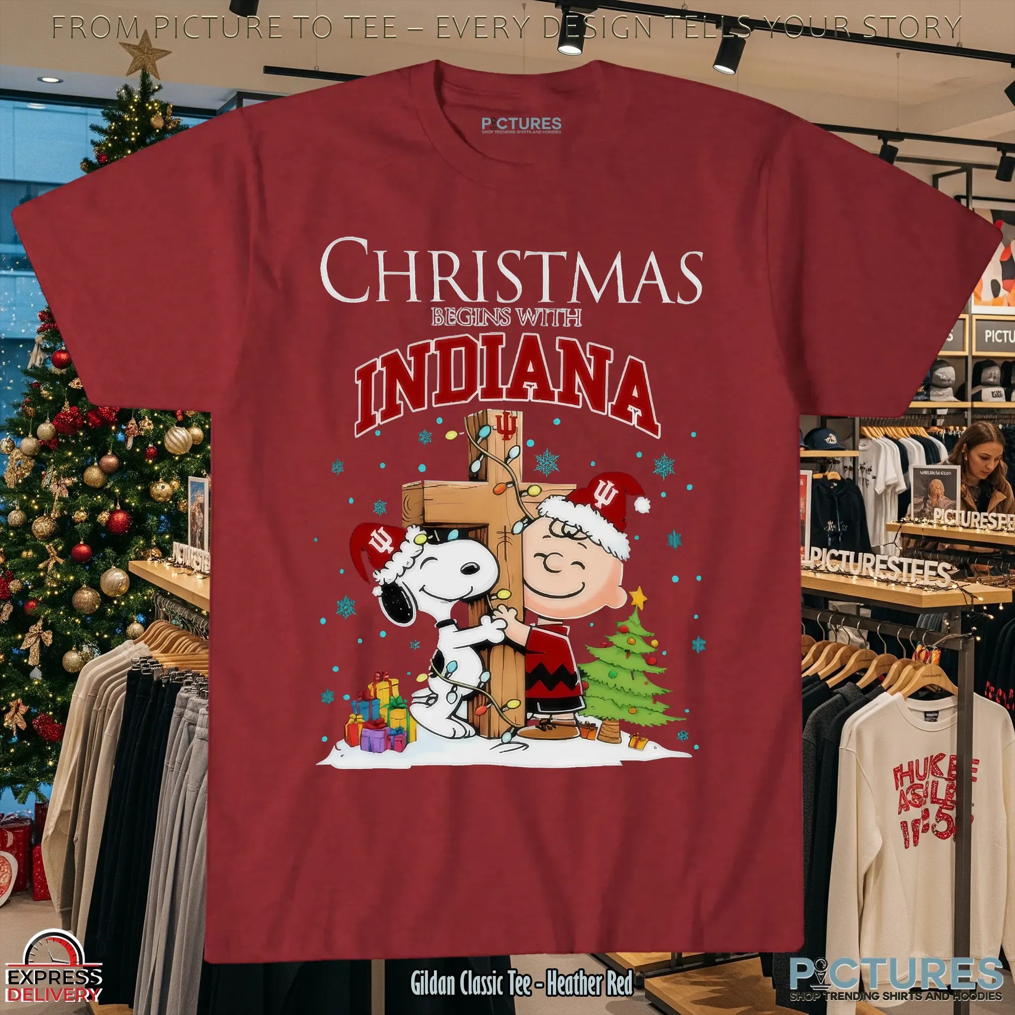 Snoopy and Charlie Brown Hugging Cross Christmas Begins With Indiana Hoosiers Football Holiday T Shirt Snoopy and Charlie Brown Hugging Cross Christmas Begins With Indiana Hoosiers Football Holiday T Shirt