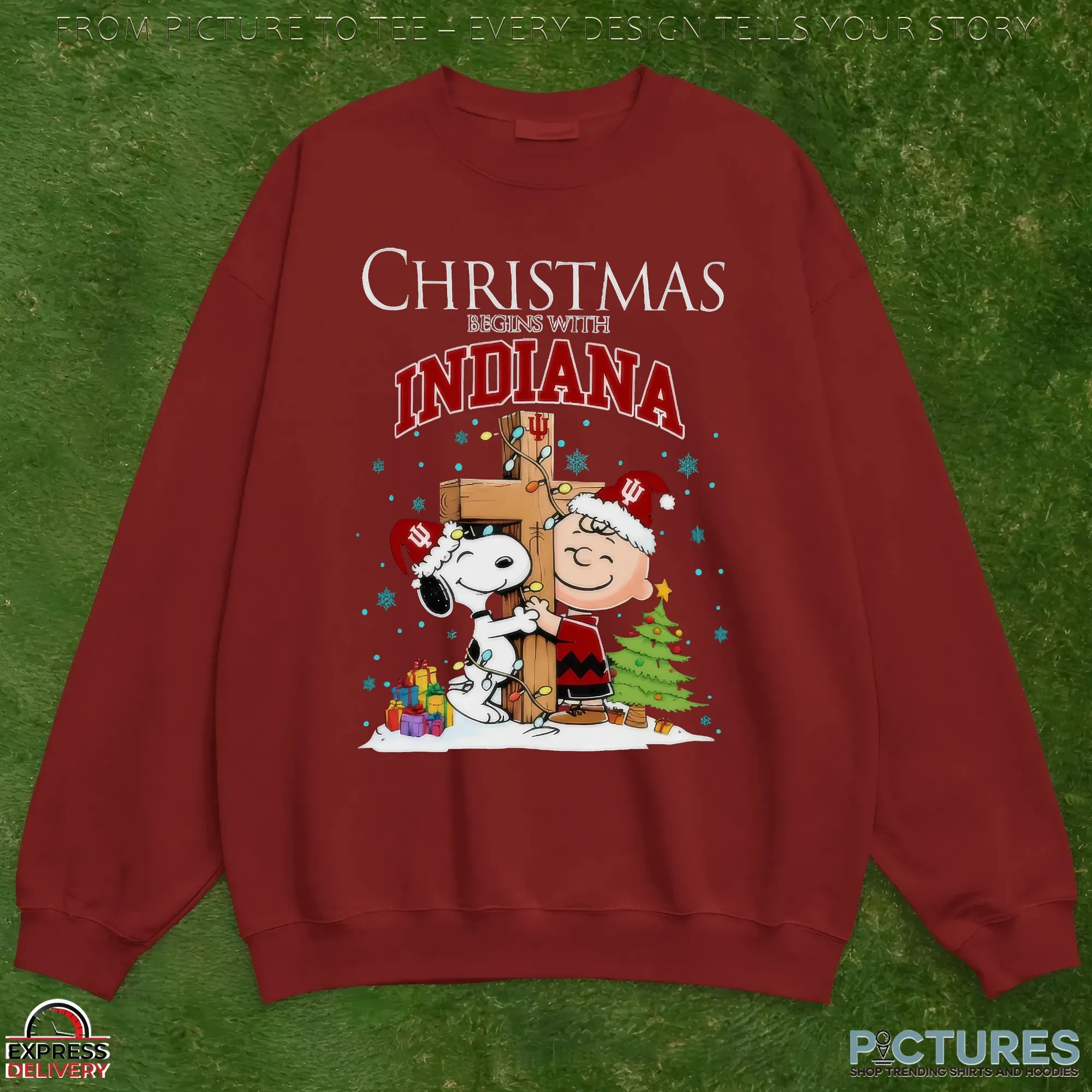 Snoopy and Charlie Brown Hugging Cross Christmas Begins With Indiana Hoosiers Football Holiday T Shirt Snoopy and Charlie Brown Hugging Cross Christmas Begins With Indiana Hoosiers Football Holiday T Shirt