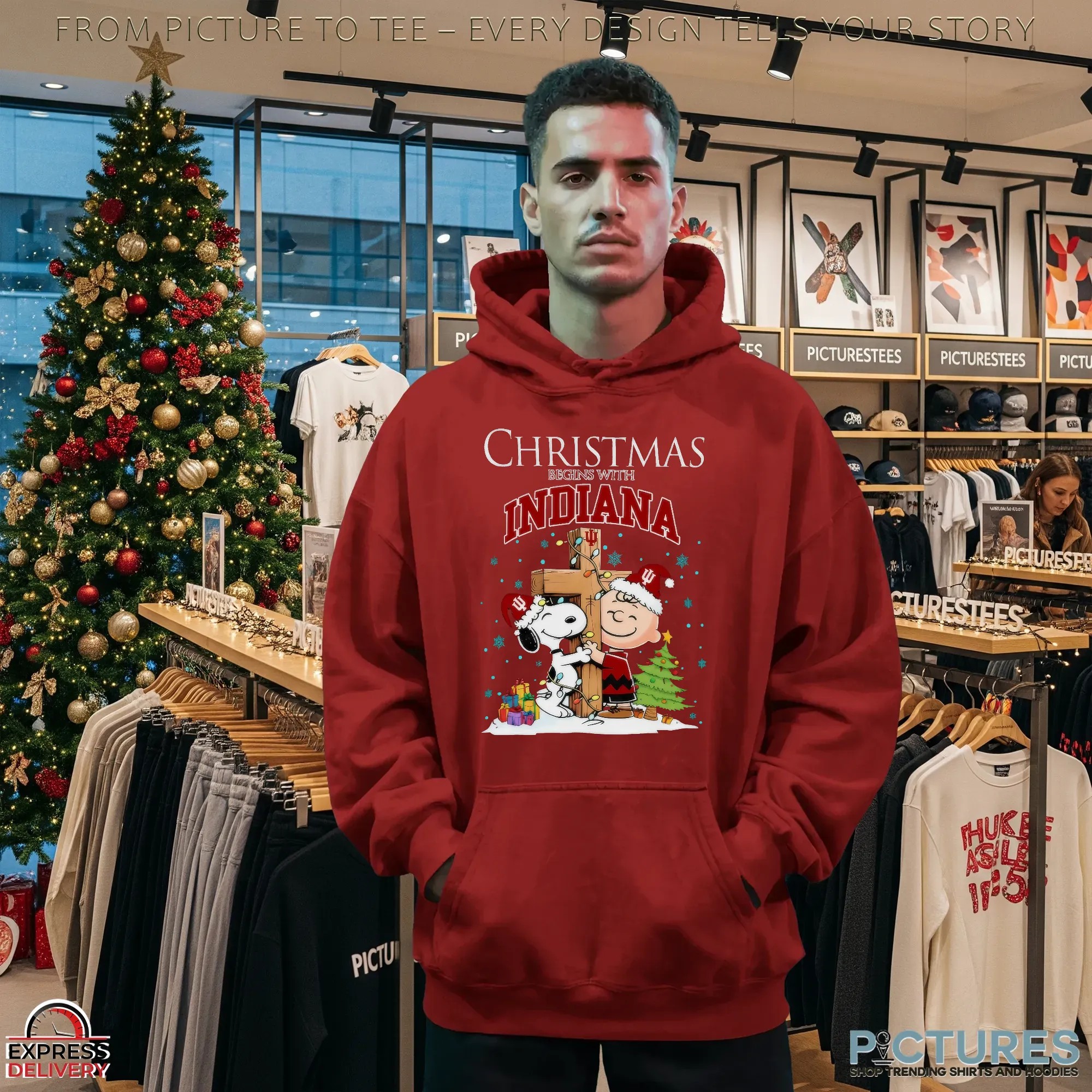 Snoopy and Charlie Brown Hugging Cross Christmas Begins With Indiana Hoosiers Football Holiday T Shirt Snoopy and Charlie Brown Hugging Cross Christmas Begins With Indiana Hoosiers Football Holiday T Shirt