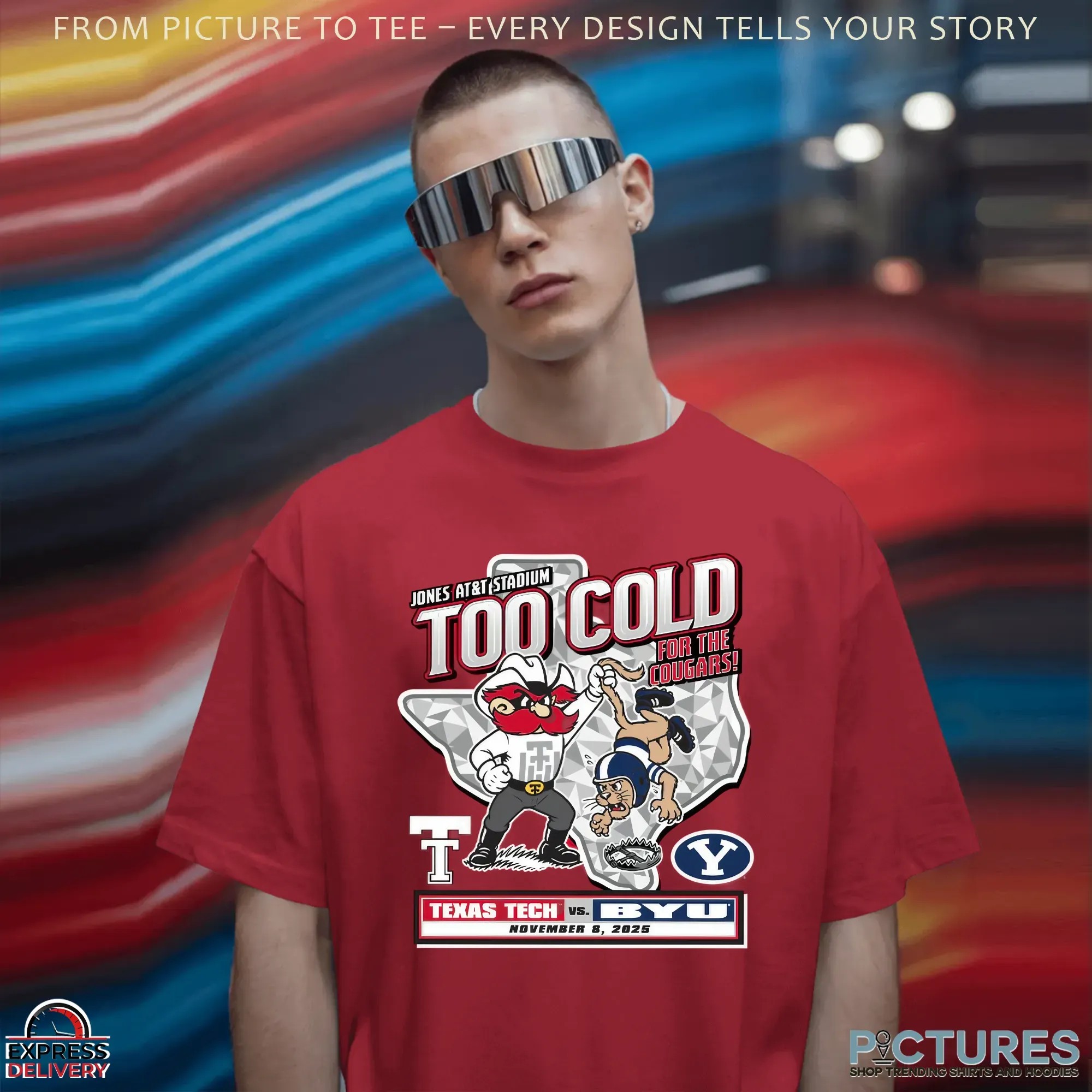 Texas Tech Red Raiders vs BYU Cougars Too Cold For The Cougars Jones At&T Stadium 2025 Gameday Mascot T Shirt Texas Tech Red Raiders vs BYU Cougars Too Cold For The Cougars Jones At&T Stadium 2025 Gameday Mascot T Shirt