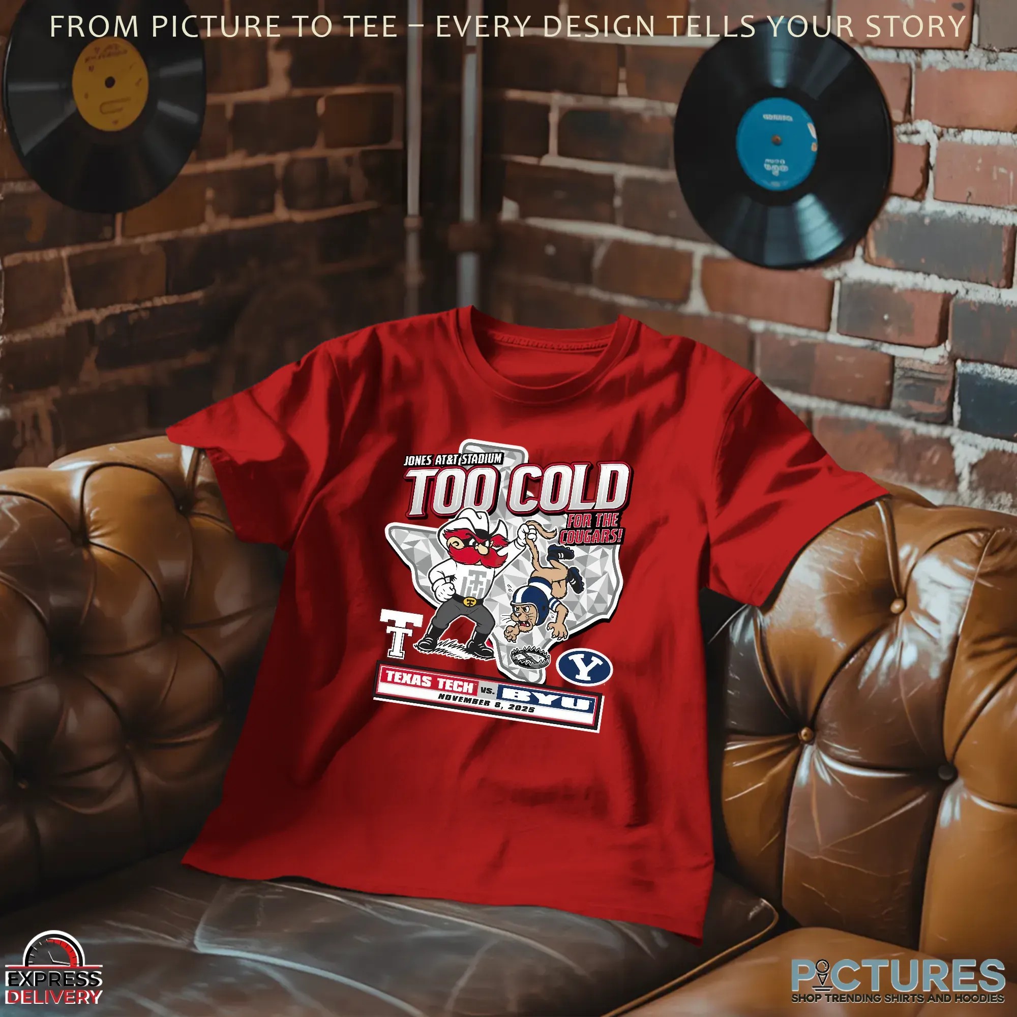 Texas Tech Red Raiders vs BYU Cougars Too Cold For The Cougars Jones At&T Stadium 2025 Gameday Mascot T Shirt Texas Tech Red Raiders vs BYU Cougars Too Cold For The Cougars Jones At&T Stadium 2025 Gameday Mascot T Shirt