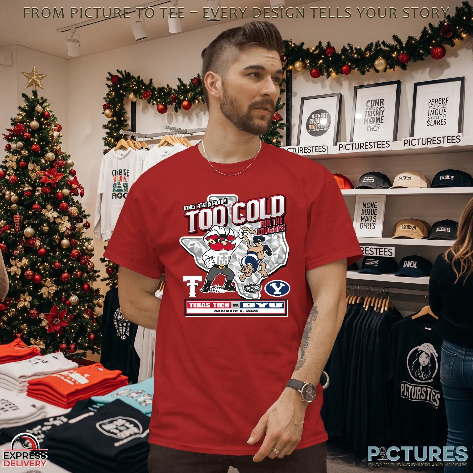 Texas Tech Red Raiders vs BYU Cougars Too Cold For The Cougars Jones At&T Stadium 2025 Gameday Mascot T Shirt Texas Tech Red Raiders vs BYU Cougars Too Cold For The Cougars Jones At&T Stadium 2025 Gameday Mascot T Shirt