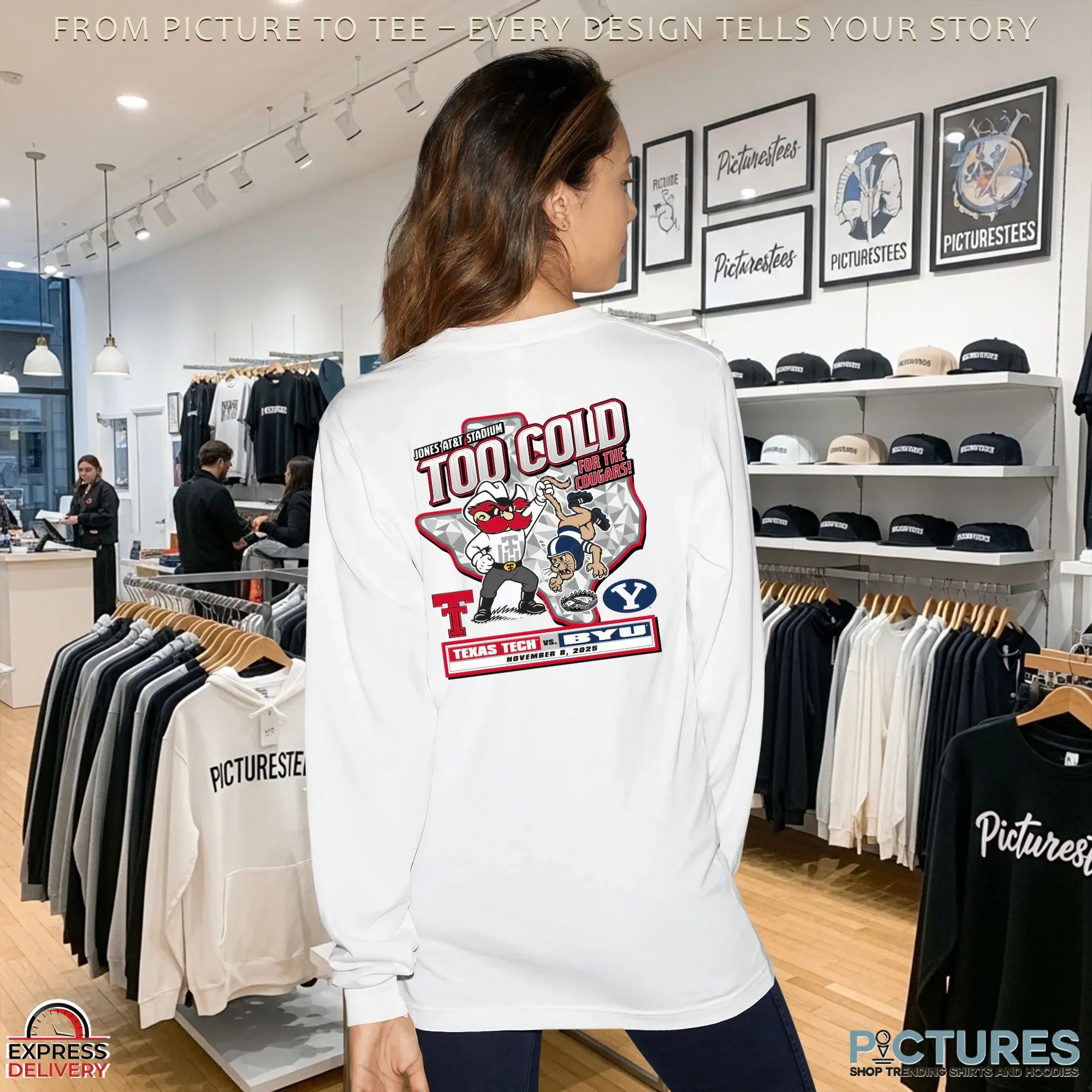 Texas Tech Red Raiders vs BYU Cougars Too Cold For The Cougars Jones At&T Stadium 2025 Gameday Mascot T Shirt Texas Tech Red Raiders vs BYU Cougars Too Cold For The Cougars Jones At&T Stadium 2025 Gameday Mascot T Shirt
