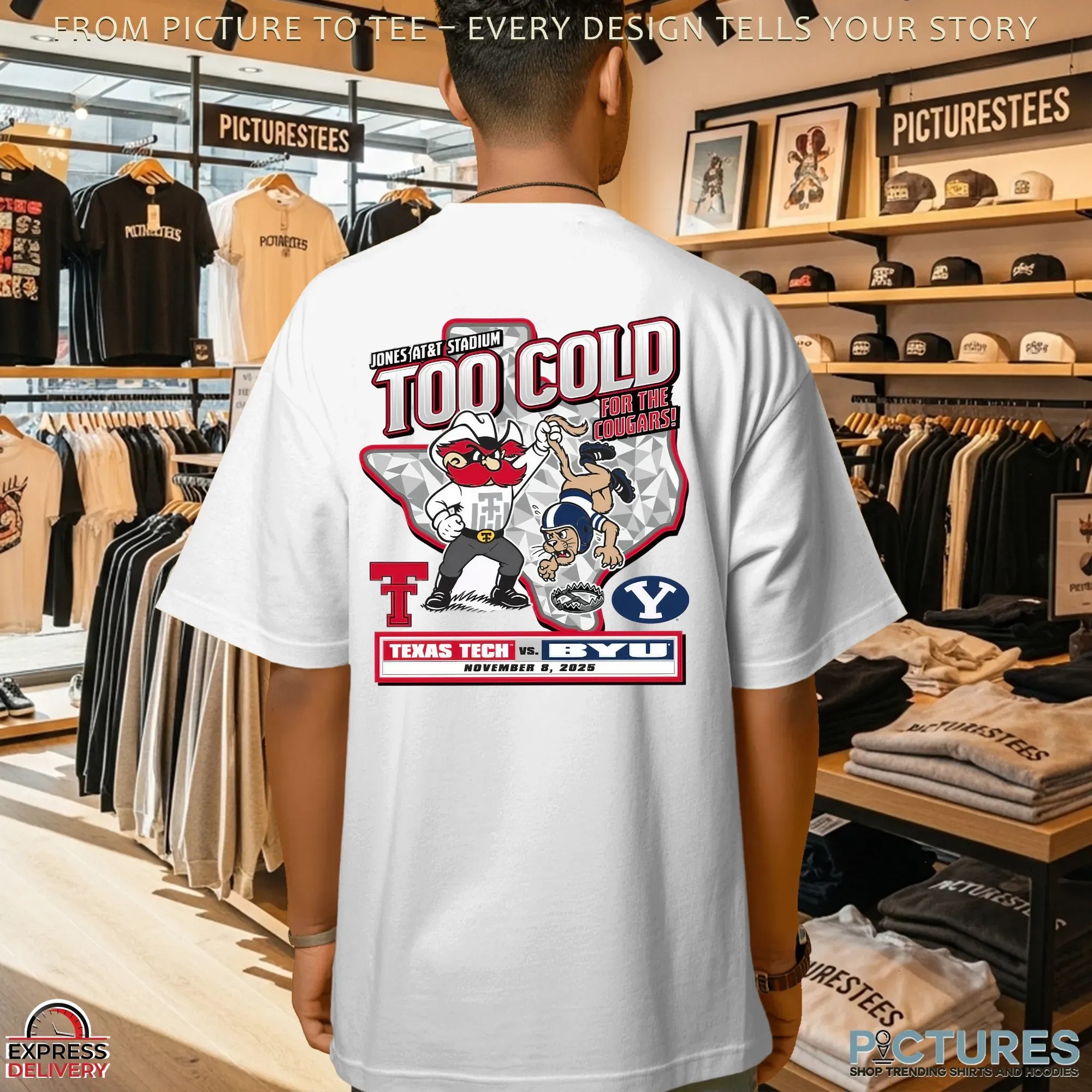 Texas Tech Red Raiders vs BYU Cougars Too Cold For The Cougars Jones At&T Stadium 2025 Gameday Mascot T Shirt Texas Tech Red Raiders vs BYU Cougars Too Cold For The Cougars Jones At&T Stadium 2025 Gameday Mascot T Shirt