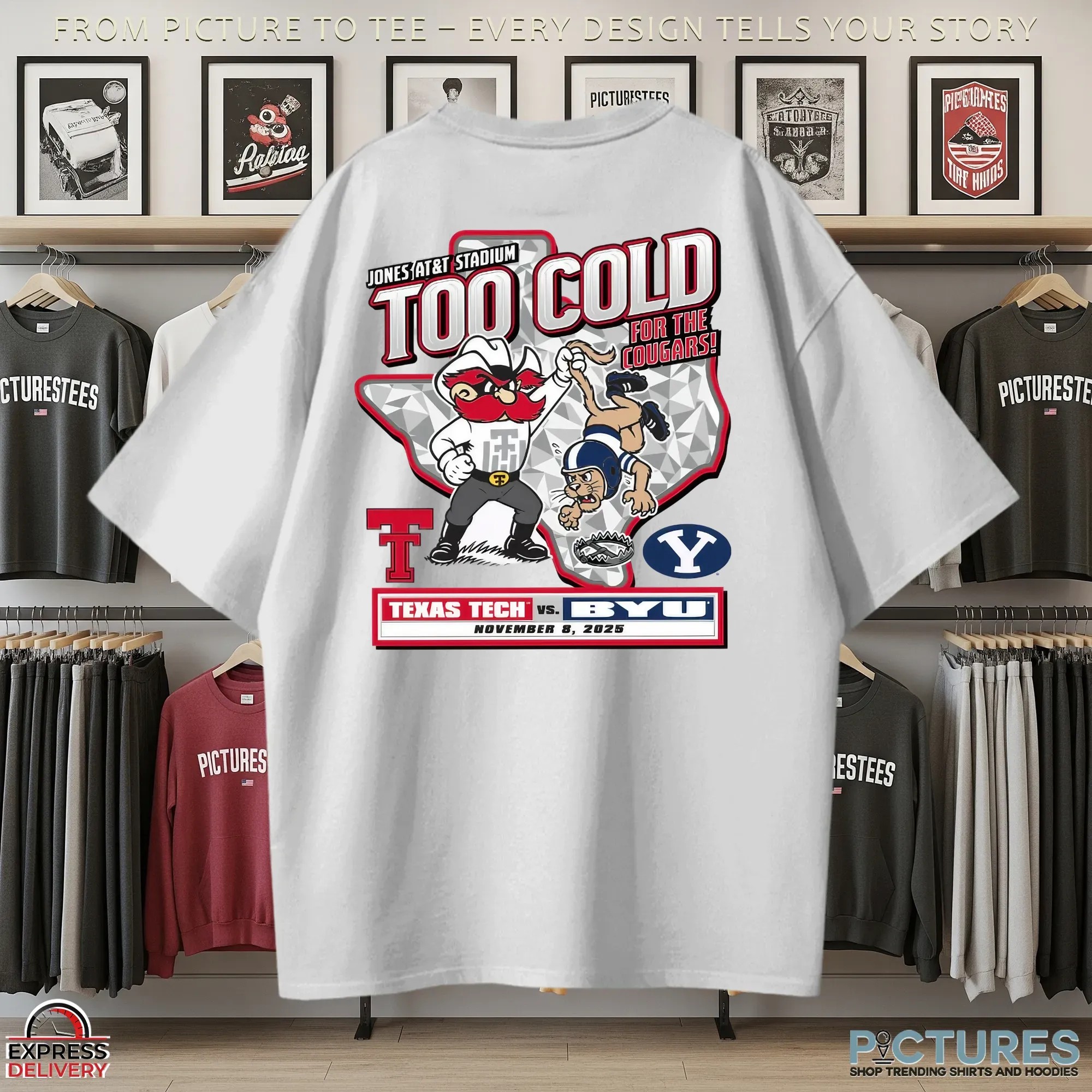 Texas Tech Red Raiders vs BYU Cougars Too Cold For The Cougars Jones At&T Stadium 2025 Gameday Mascot T Shirt Texas Tech Red Raiders vs BYU Cougars Too Cold For The Cougars Jones At&T Stadium 2025 Gameday Mascot T Shirt