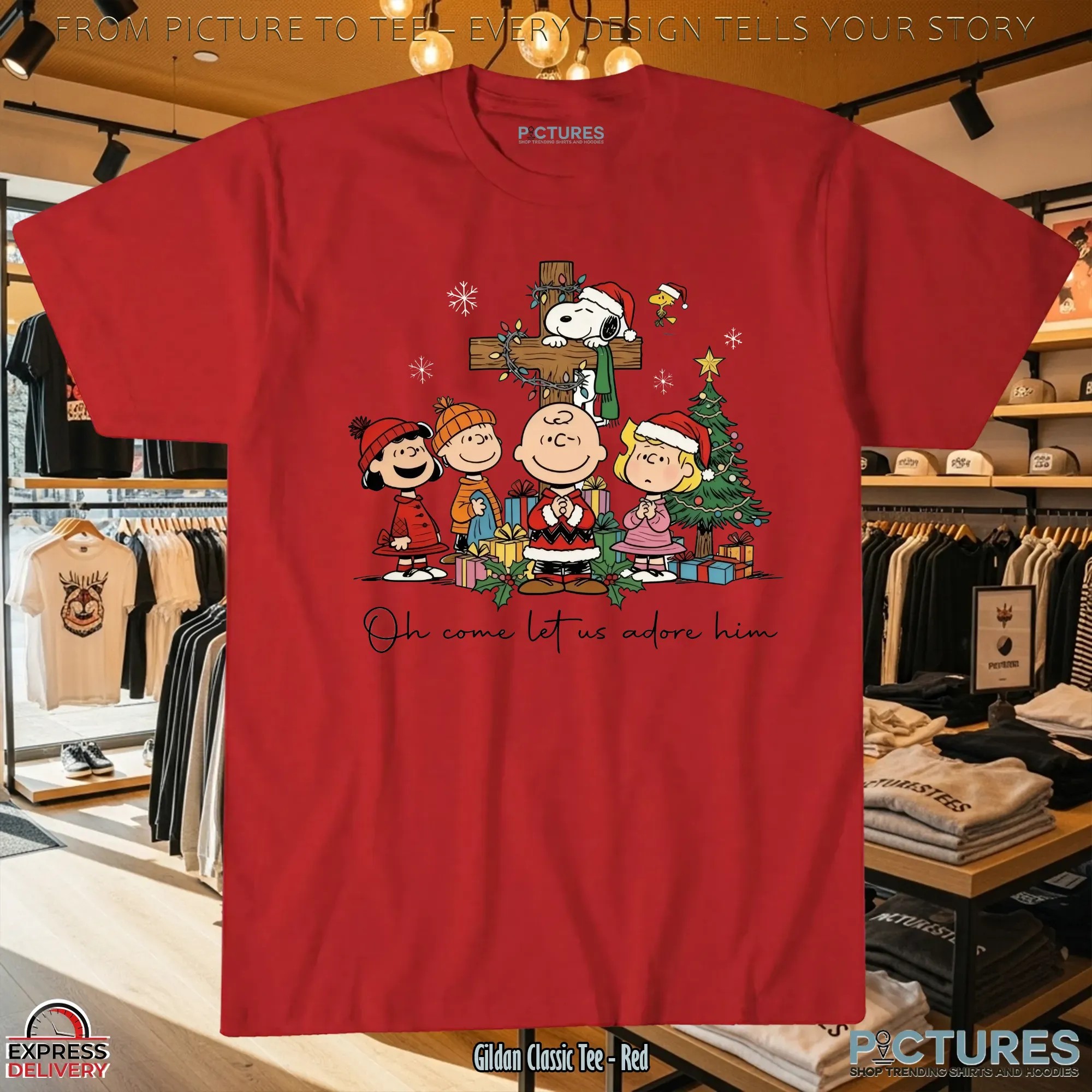 The Peanuts Oh Come Let Us Adore Him Cross Christian Christmas T Shirt