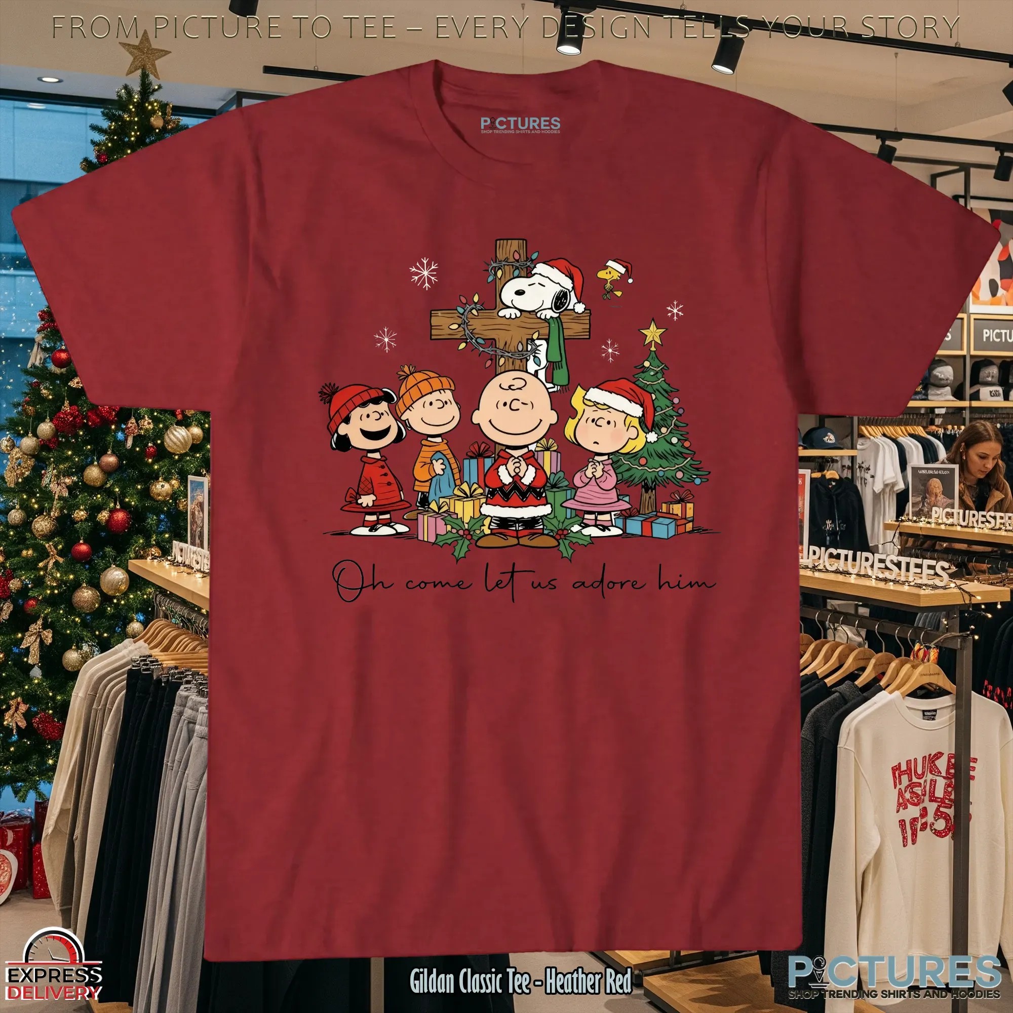 The Peanuts Oh Come Let Us Adore Him Cross Christian Christmas T Shirt