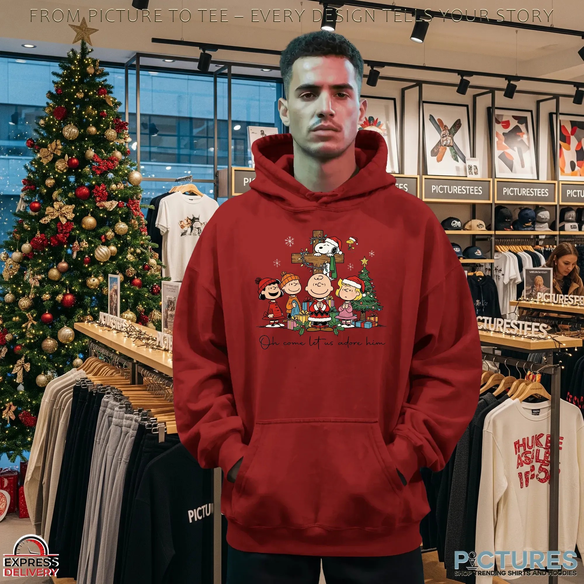 The Peanuts Oh Come Let Us Adore Him Cross Christian Christmas T Shirt