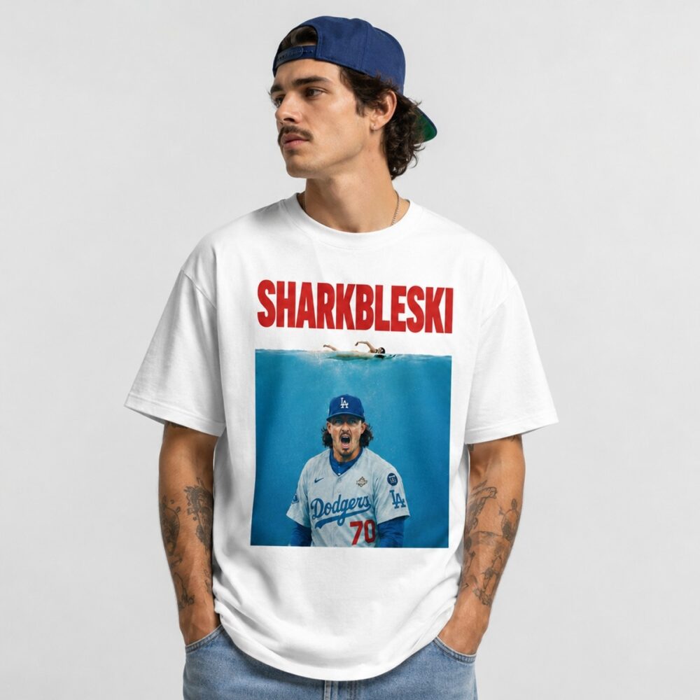 Sharkbleski Justin Wrobleski Bobby Miller Dodgers 70 Jaws Parody Tee