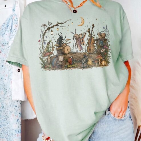 AST Cottagecore Bug Band Shirt Whimsical Forest Concert Tee