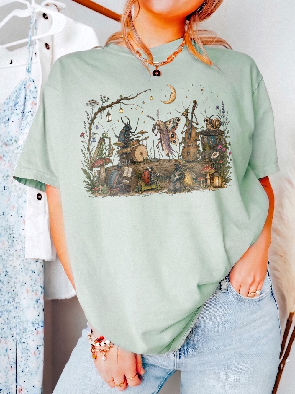 AST Cottagecore Bug Band Shirt Whimsical Forest Concert Tee