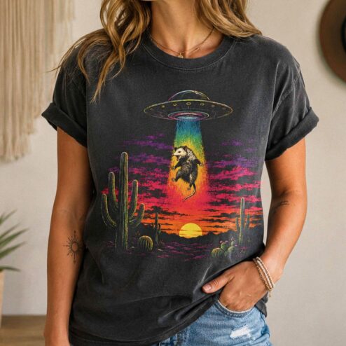 AST UFO Opossum Alien Abduction Tee | Retro Desert Sunset Shirt