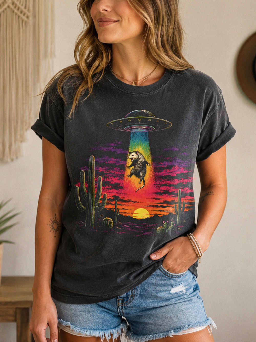 AST UFO Opossum Alien Abduction Tee | Retro Desert Sunset Shirt