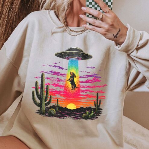 AST Dachshund Alien Abduction Sweatshirt - Retro UFO Desert Sunset