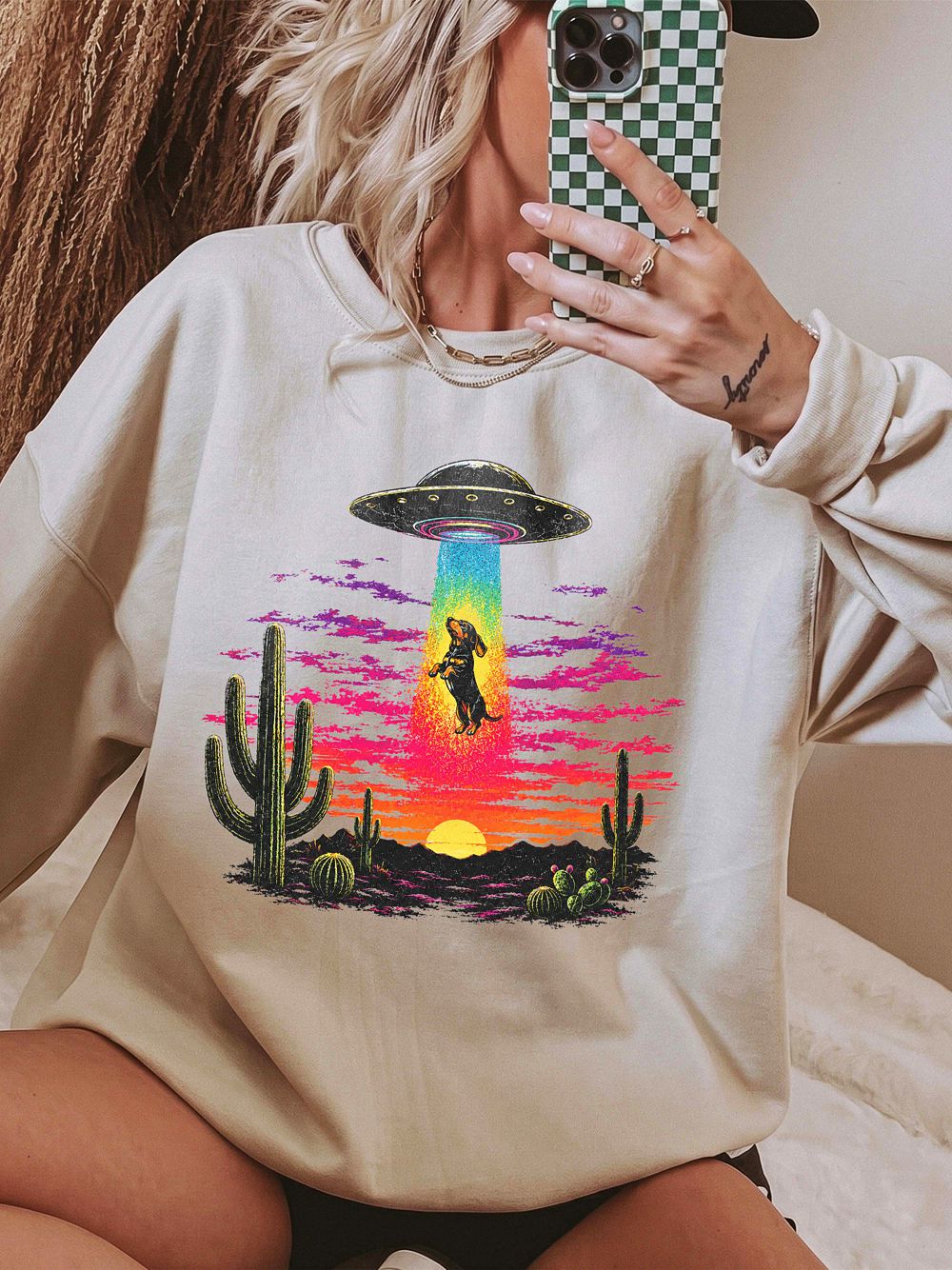 AST Dachshund Alien Abduction Sweatshirt - Retro UFO Desert Sunset