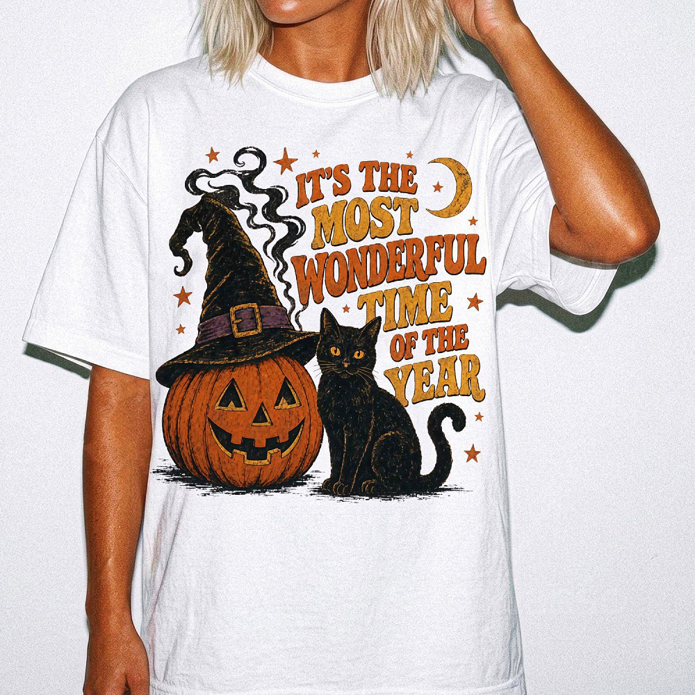 Vintage Black Cat & Pumpkin Spooky Season Halloween Tee