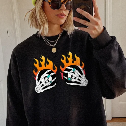 Flaming Skeleton Hands Graphic Sweatshirt Edgy Spooky Season Crewneck For Halloween