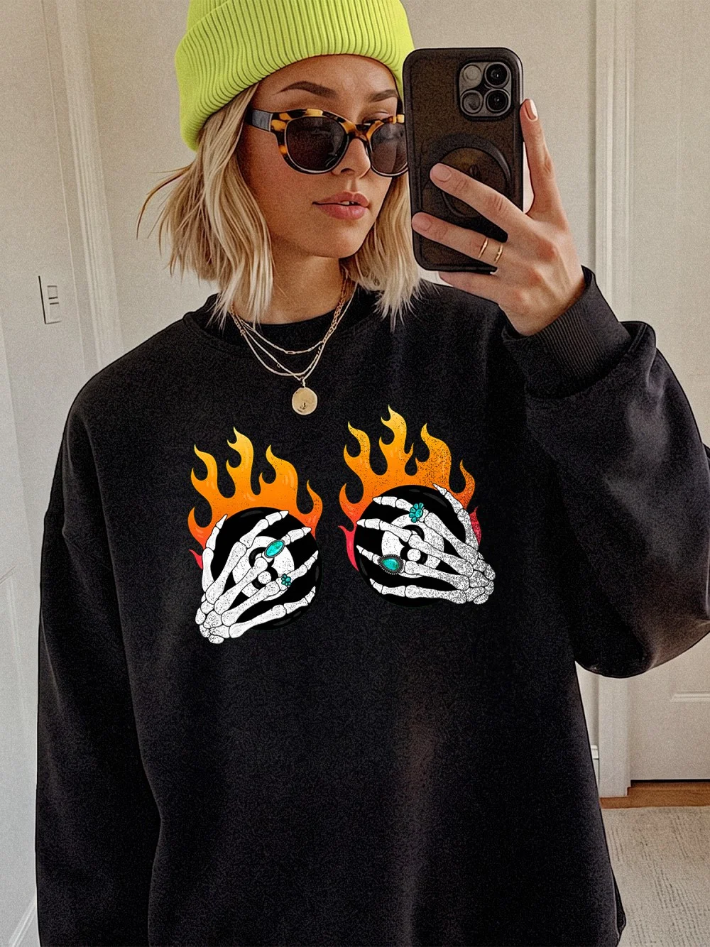 Flaming Skeleton Hands Graphic Sweatshirt Edgy Spooky Season Crewneck For Halloween