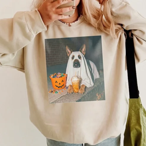 Cute Ghost Dog Pumpkin Halloween Sweatshirt Comfy Fall Pullover For Pet Lovers