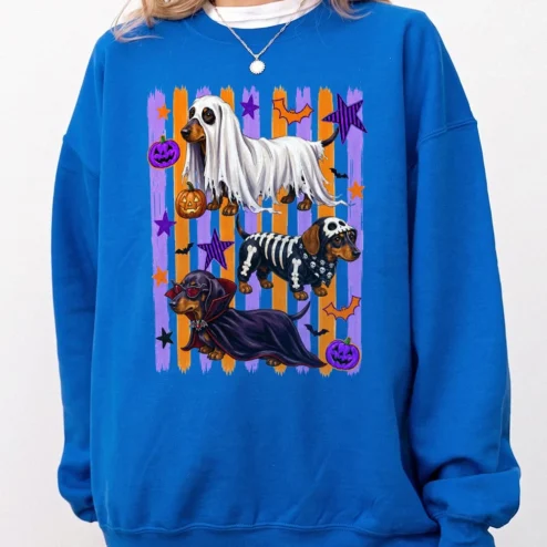 Halloween Dachshund Costume Sweatshirt Spooky Wiener Dog Ghost And Vampire Graphic Cute Fall Sweater For Dog Mom