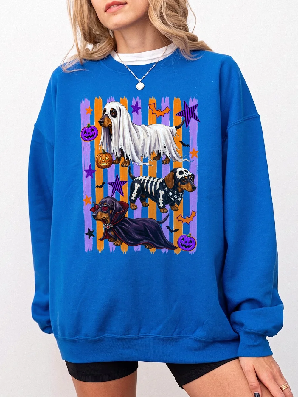 Halloween Dachshund Costume Sweatshirt Spooky Wiener Dog Ghost And Vampire Graphic Cute Fall Sweater For Dog Mom
