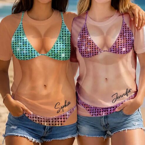 Personalized Bikini Body Illusion T-Shirt Funny Fake Swimsuit Graphic Tee For Girls Trip Bachelorette Gag Gift