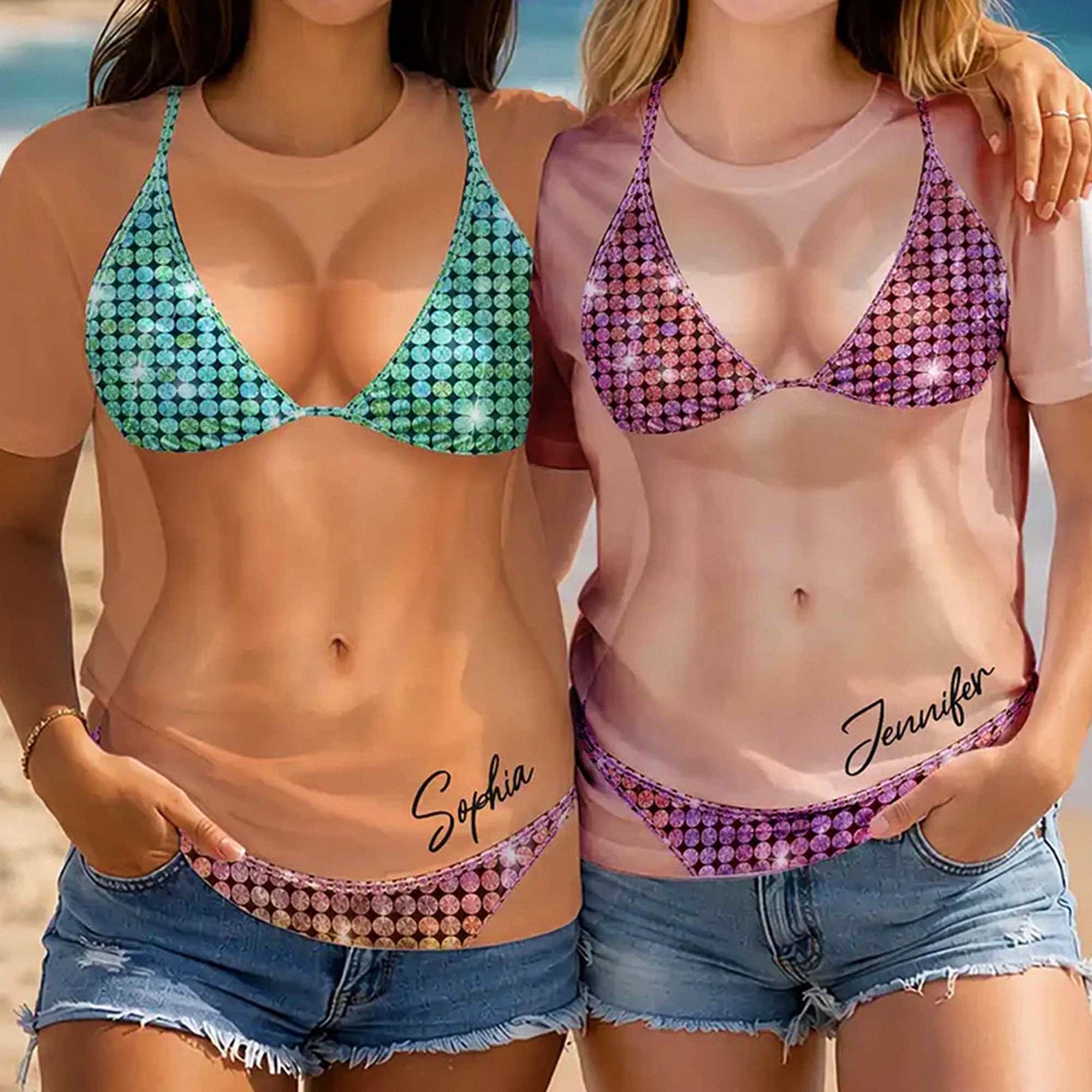 Personalized Bikini Body Illusion T-Shirt Funny Fake Swimsuit Graphic Tee For Girls Trip Bachelorette Gag Gift