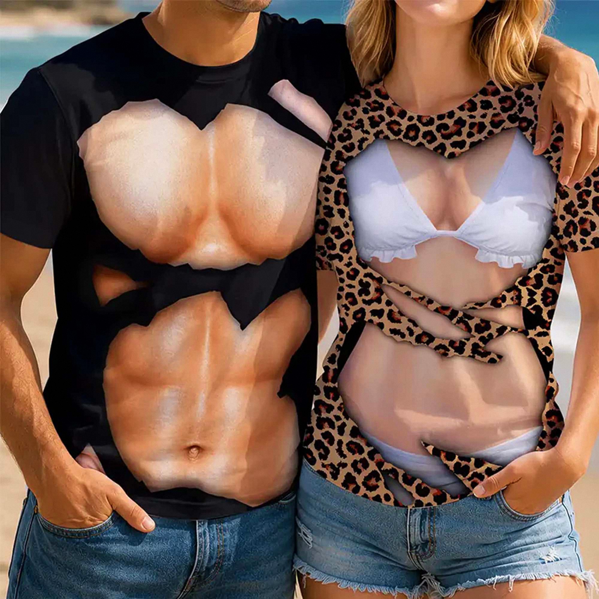 3D Fake Muscle And Bikini Body Illusion Graphic Tee Funny Couple Halloween Costume Gag Gift T-Shirt