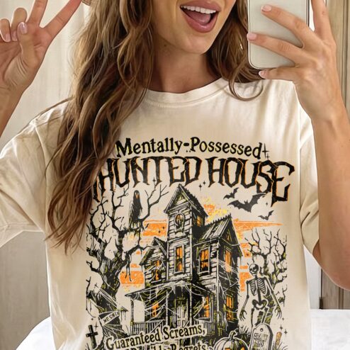 Mentally-Possessed Haunted House Vintage Halloween Graphic Tee Funny Spooky Season Horror Shirt