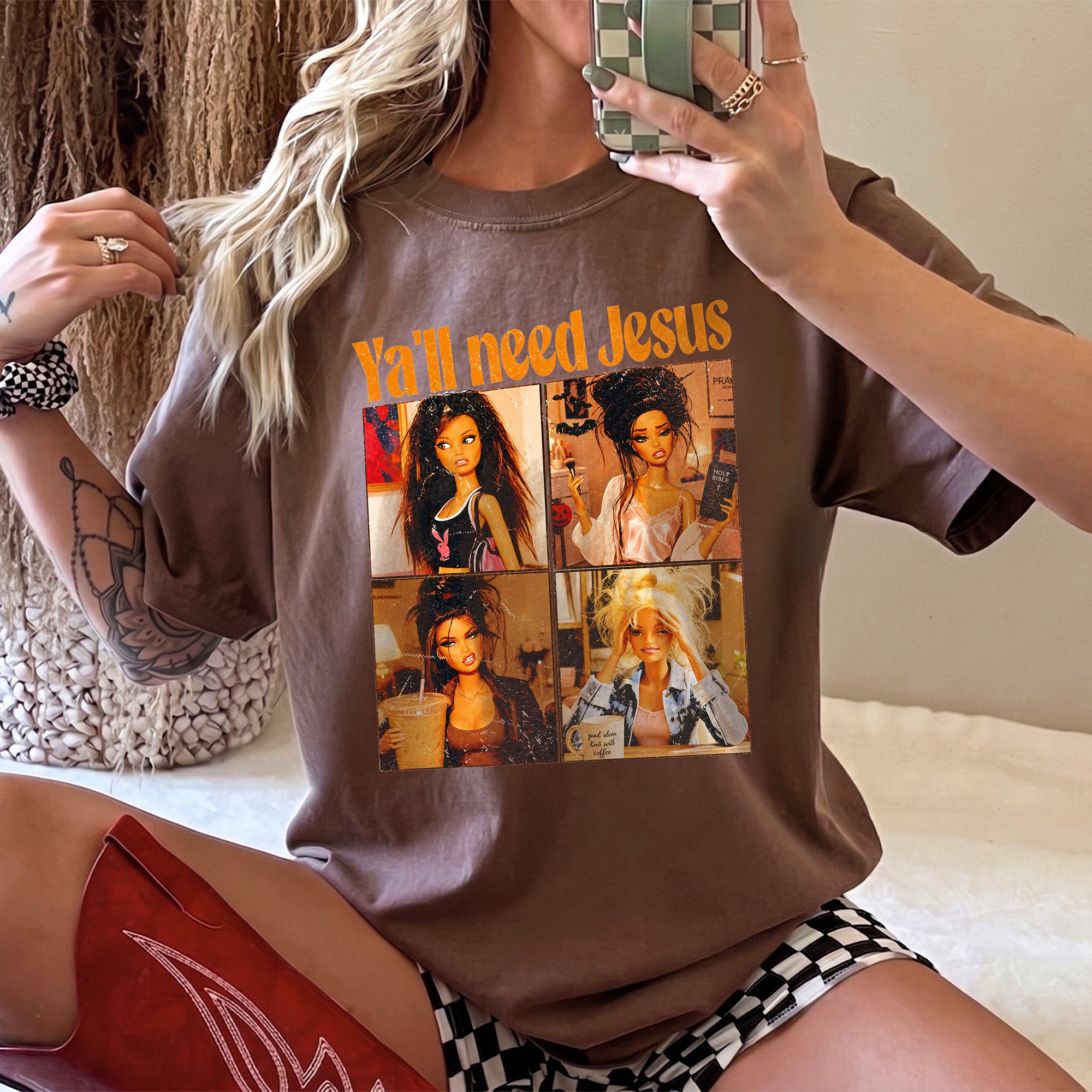 Ya'll Need Jesus Retro Doll Collage Graphic Tee Funny Christian T-Shirt For Women