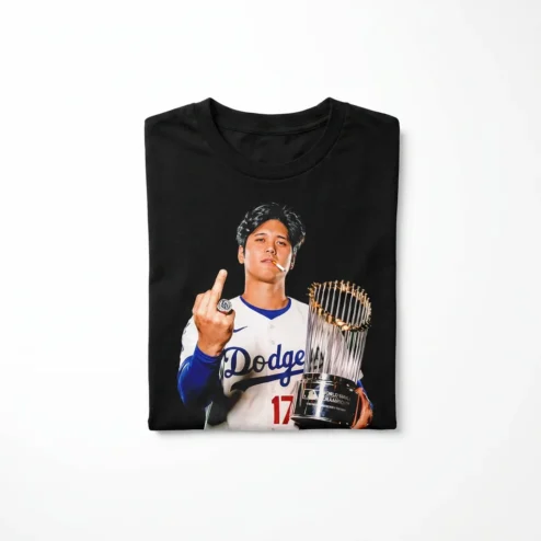 Shohei Ohtani Dodgers World Series Champions Graphic Tee Funny #17 Middle Finger Trophy Shirt for Baseball Fans
