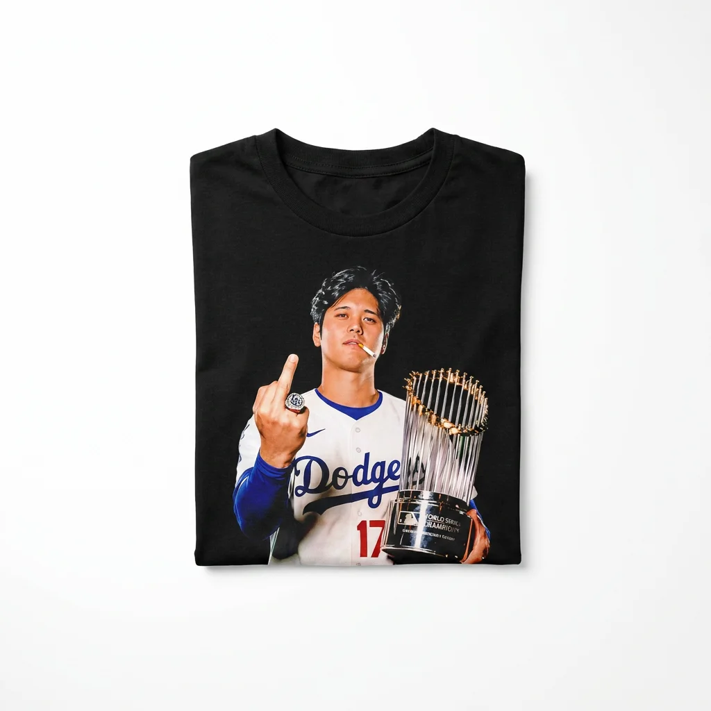 Shohei Ohtani Dodgers World Series Champions Graphic Tee Funny #17 Middle Finger Trophy Shirt for Baseball Fans