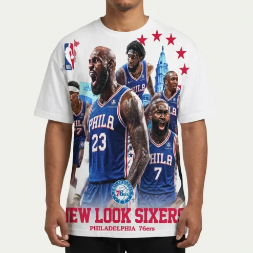 New Look Sixers Philadelphia Basketball Collage Graphic Tee LeBron Embiid Fan Shirt